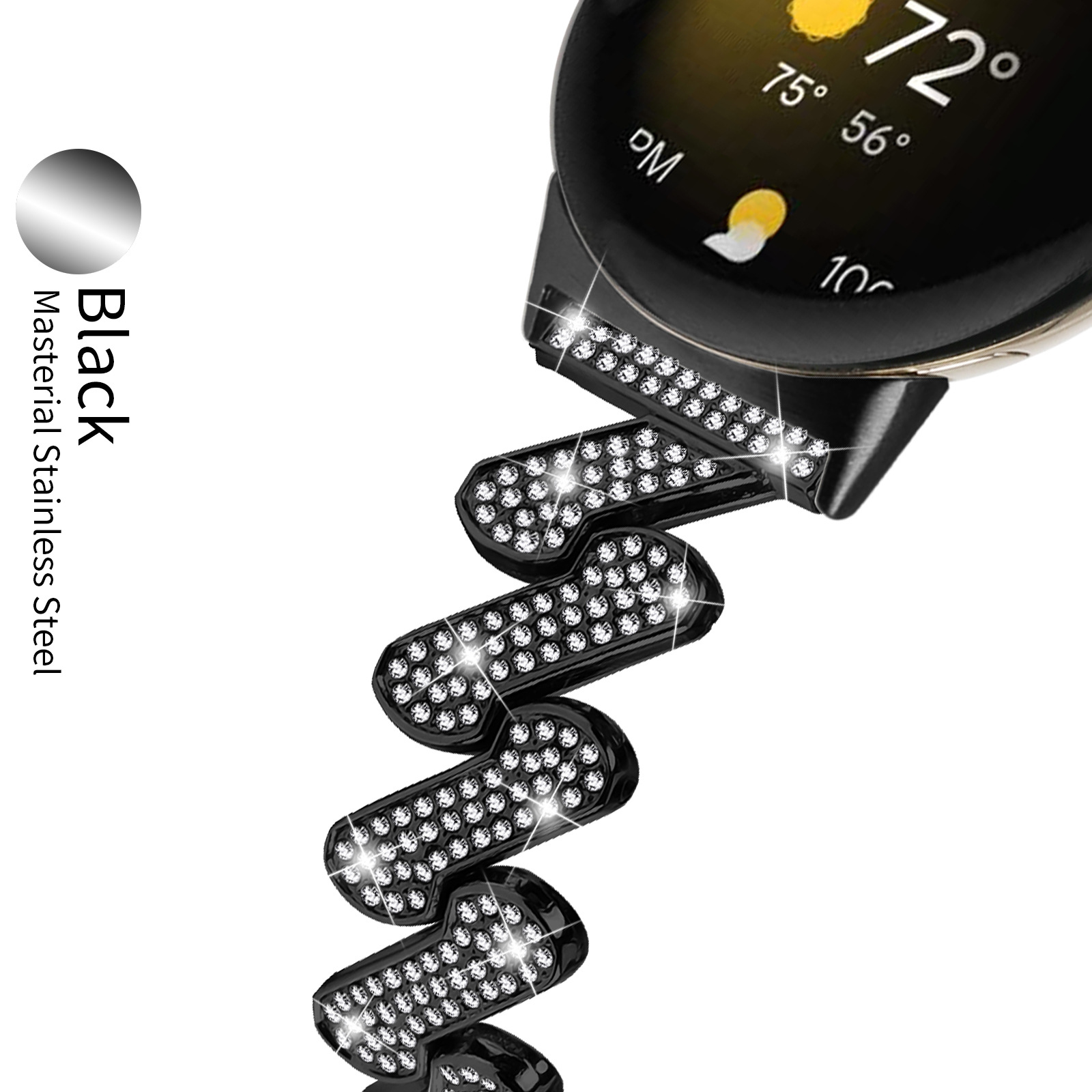 Cinturino per smartwatch nero con cristalli in un elegante design a zig-zag.