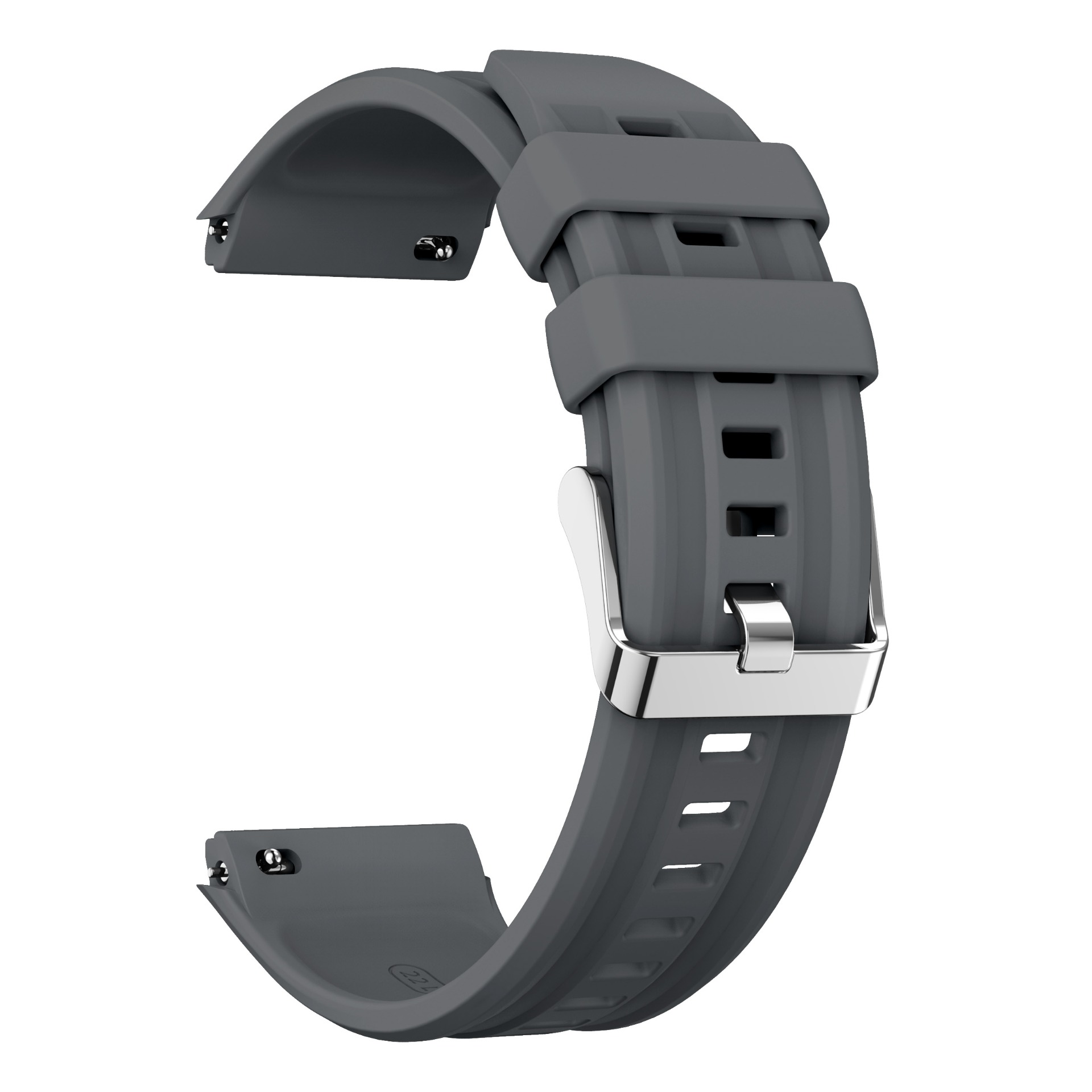 Graues Silikon-Uhrenarmband mit Metallschnalle, auf weißem Hintergrund.