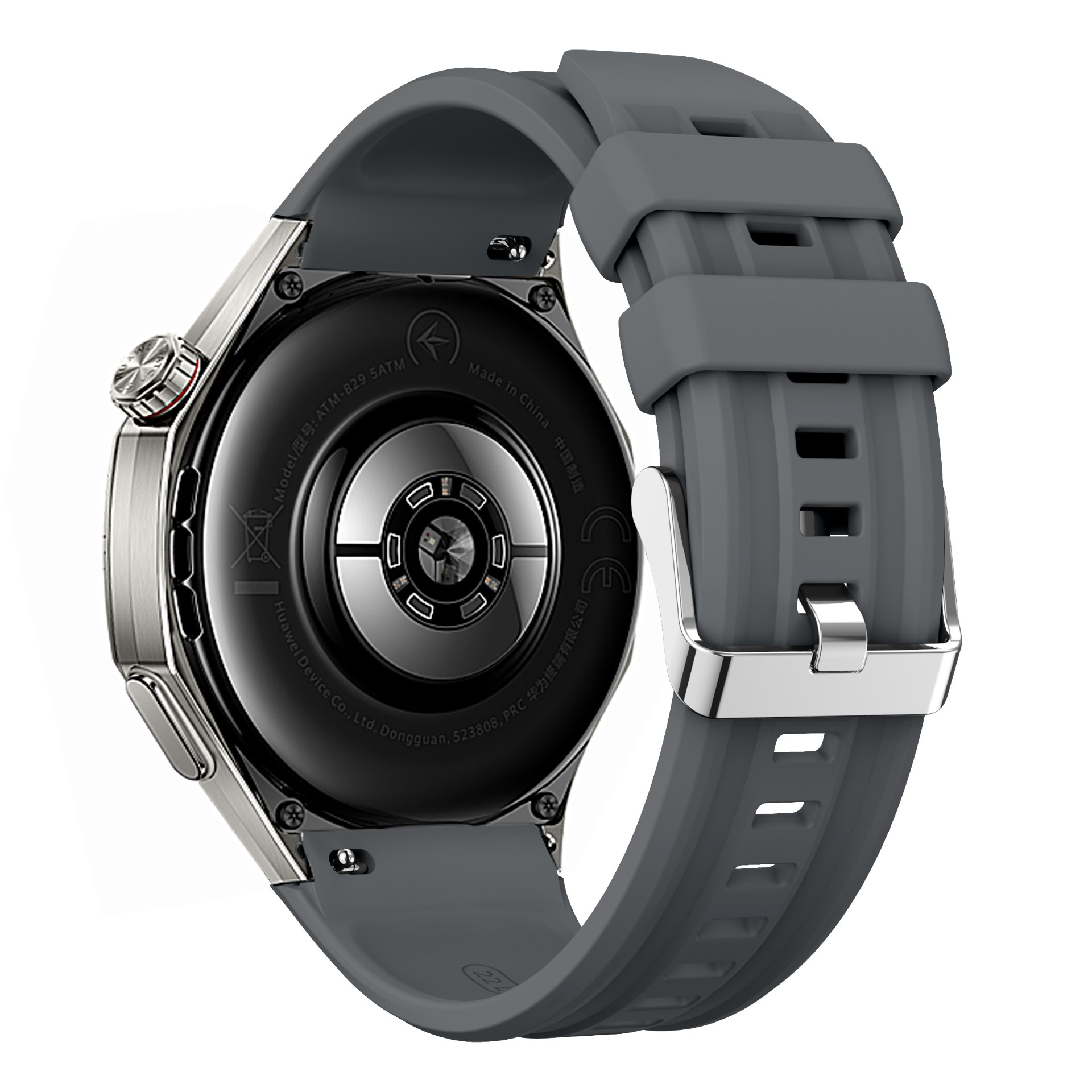 Eine silberne Smartwatch mit dunkelgrauem Silikonarmband und Schnalle, die die Rückseite der Uhr zeigt.