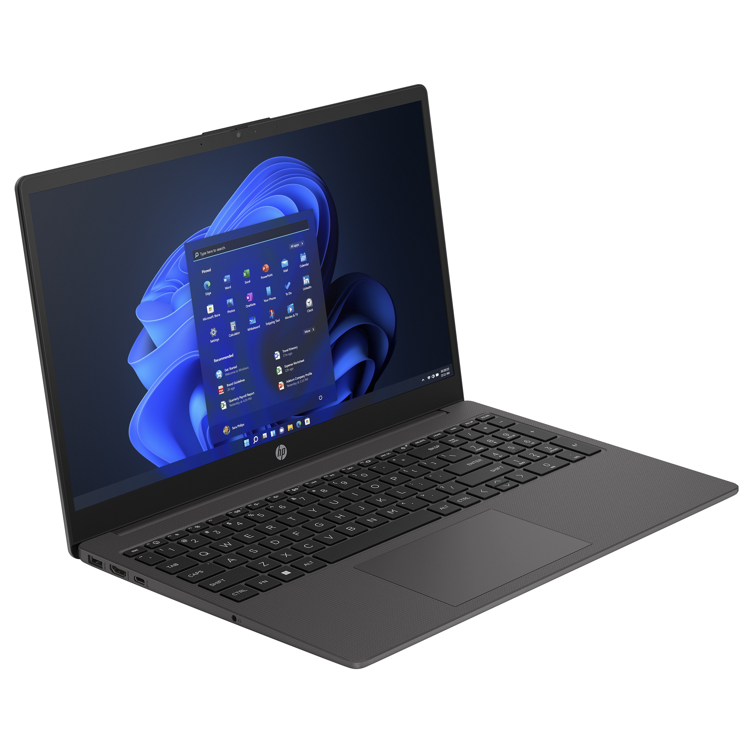 Ein dunkler HP Laptop mit geöffnetem Bildschirm, der Windows 11 zeigt.