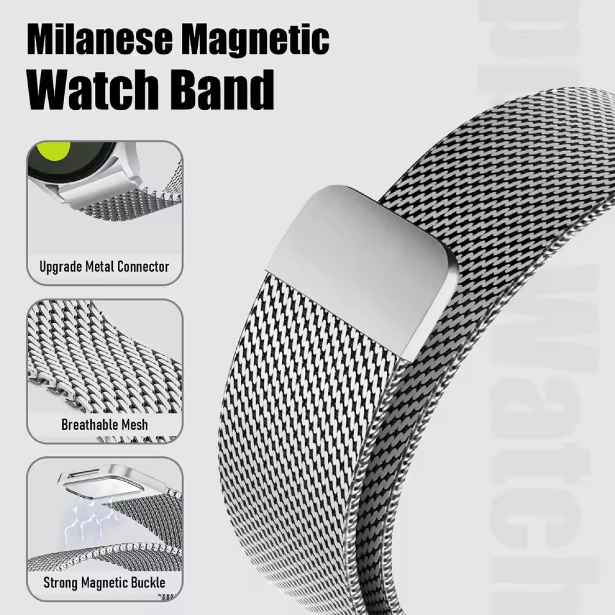Milanese Uhrenarmband mit magnetischem Verschluss und Metallverbinder.
