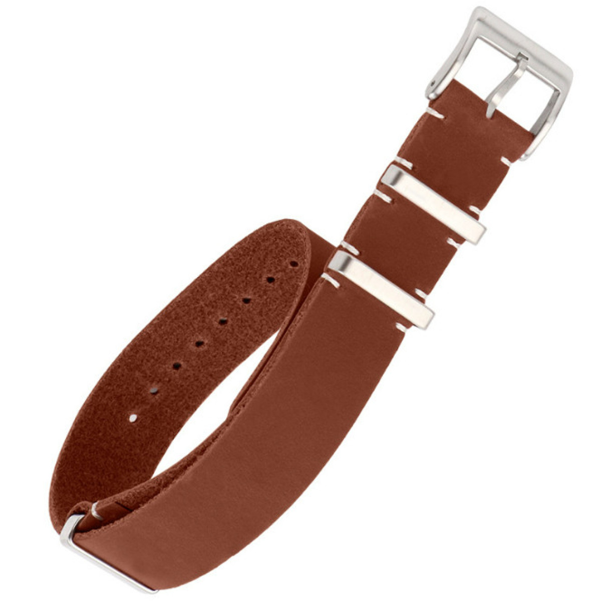 Ein braunes Lederuhrenarmband mit silberner Schnalle und Schlaufen.