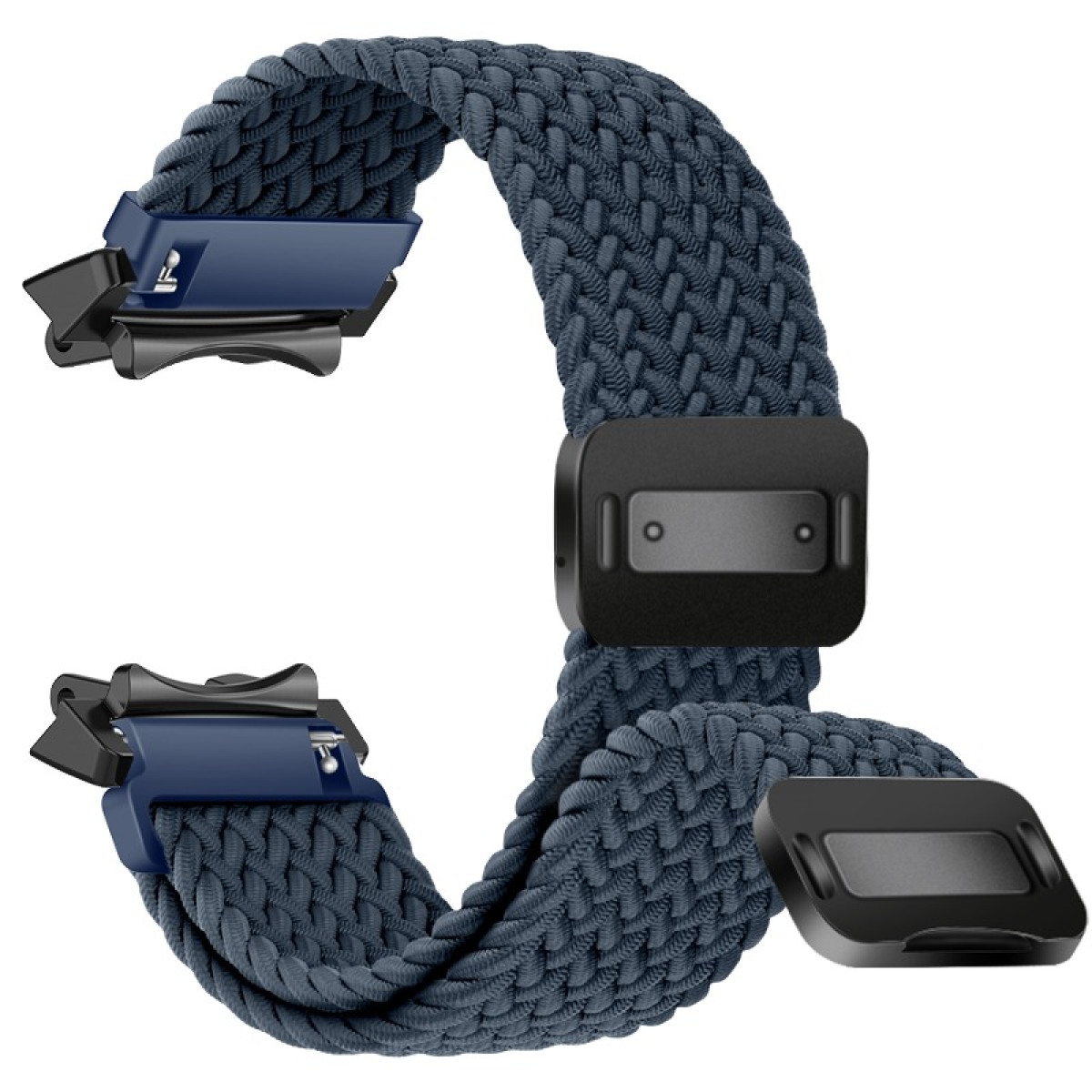 Blaues gewebtes Armband mit schwarzen und blauen Schnallen.