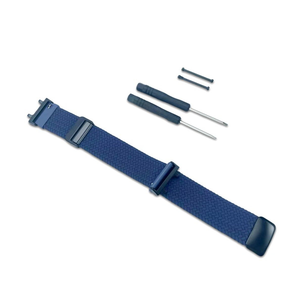 Ein blaues Uhrenarmband mit zwei kleinen Schraubendrehern und Schrauben auf weißem Hintergrund.