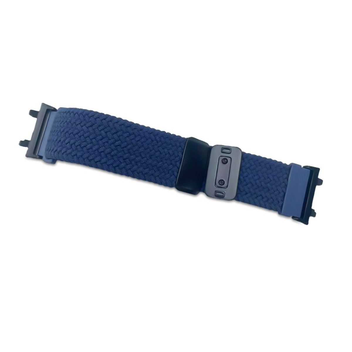 Ein dunkelblauer geflochtener Uhrenarmband mit schwarzem und grauem Verschluss.