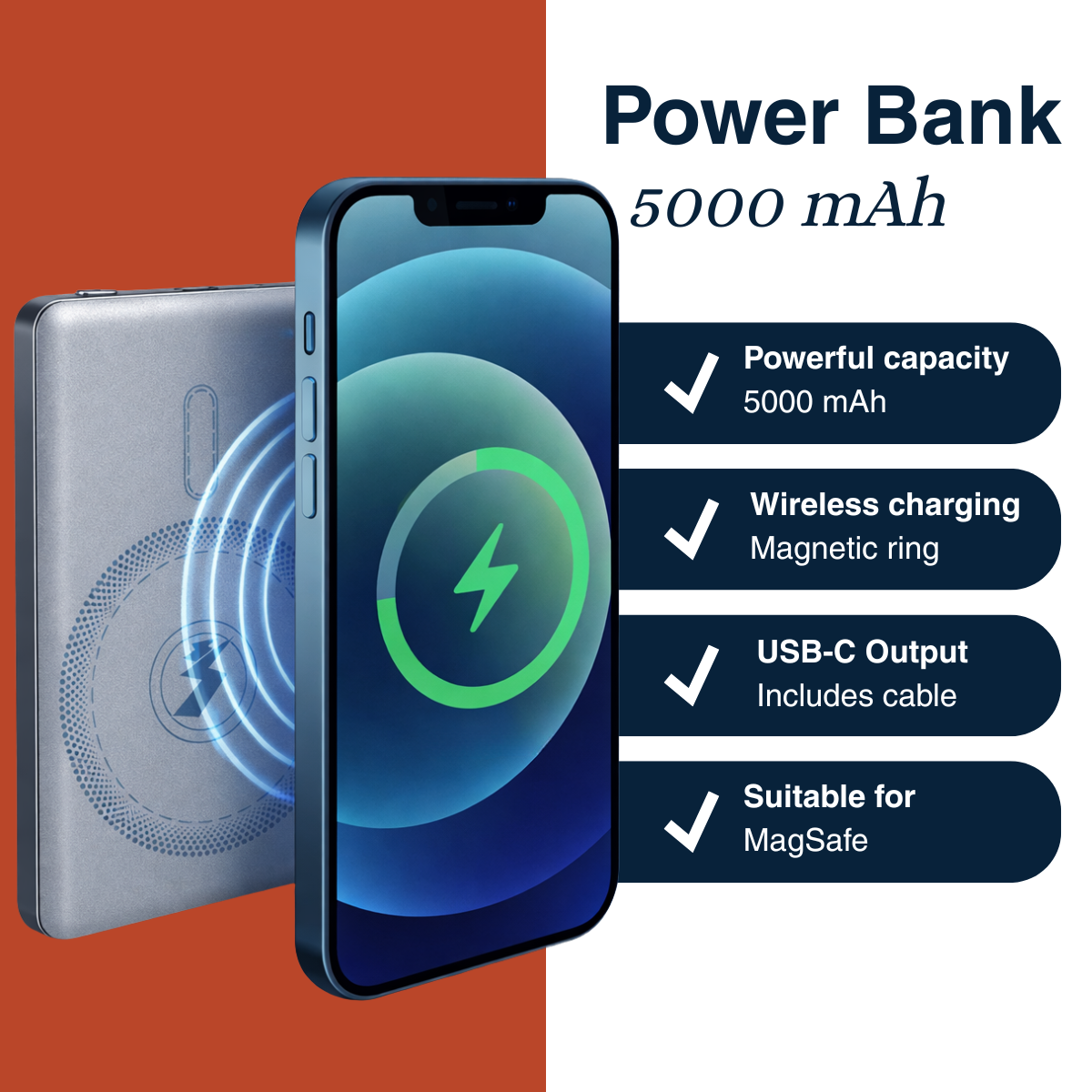 Gray power bank next to a blue smartphone displaying charging. 5000 mAh.