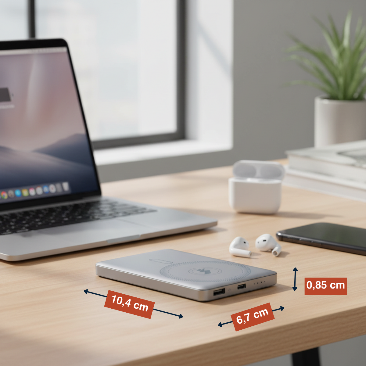 A silver charger with dimensions 10.4x6.7x0.85 cm rests on a desk next to a laptop.