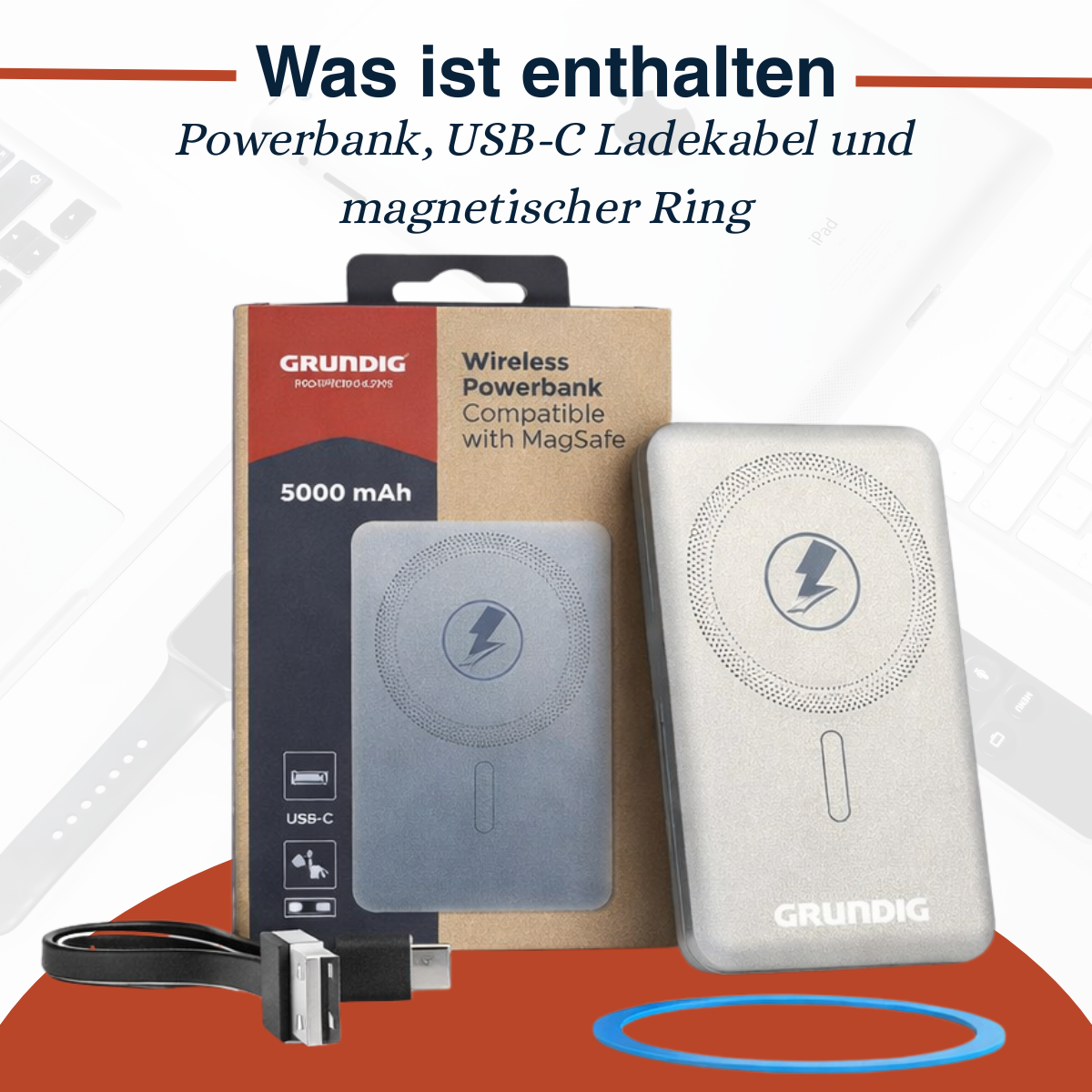 Grundig powerbank, USB-C cable, and ring. Silver and grey powerbank.