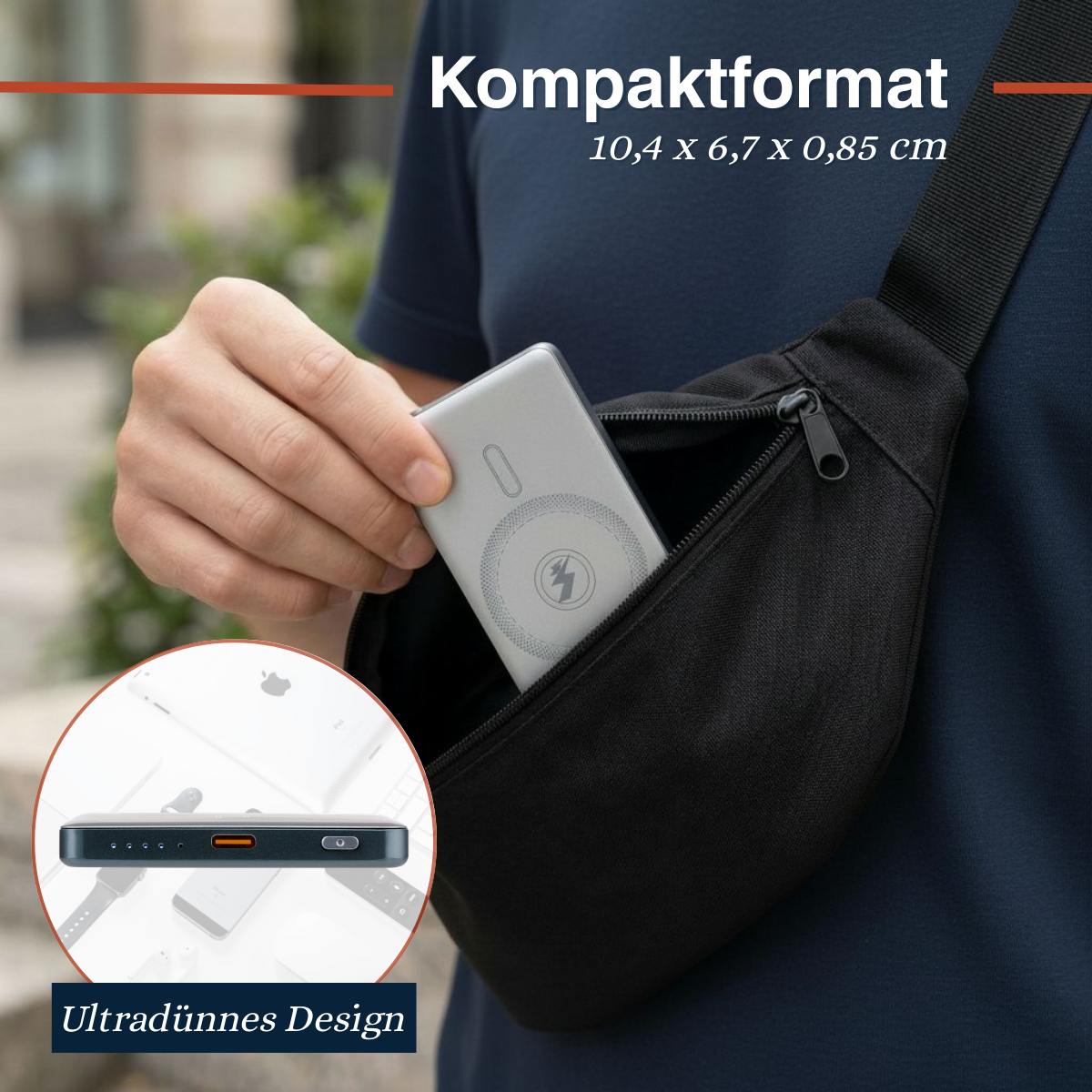 A hand places a flat, light gray charger into a black waist bag.