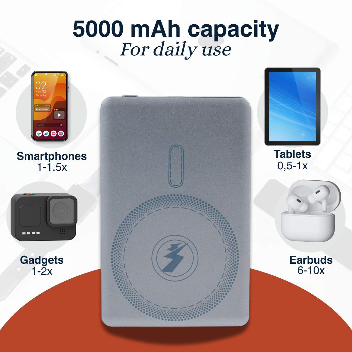 Gray power bank with icons for smartphones, gadgets, tablets, and earbuds.