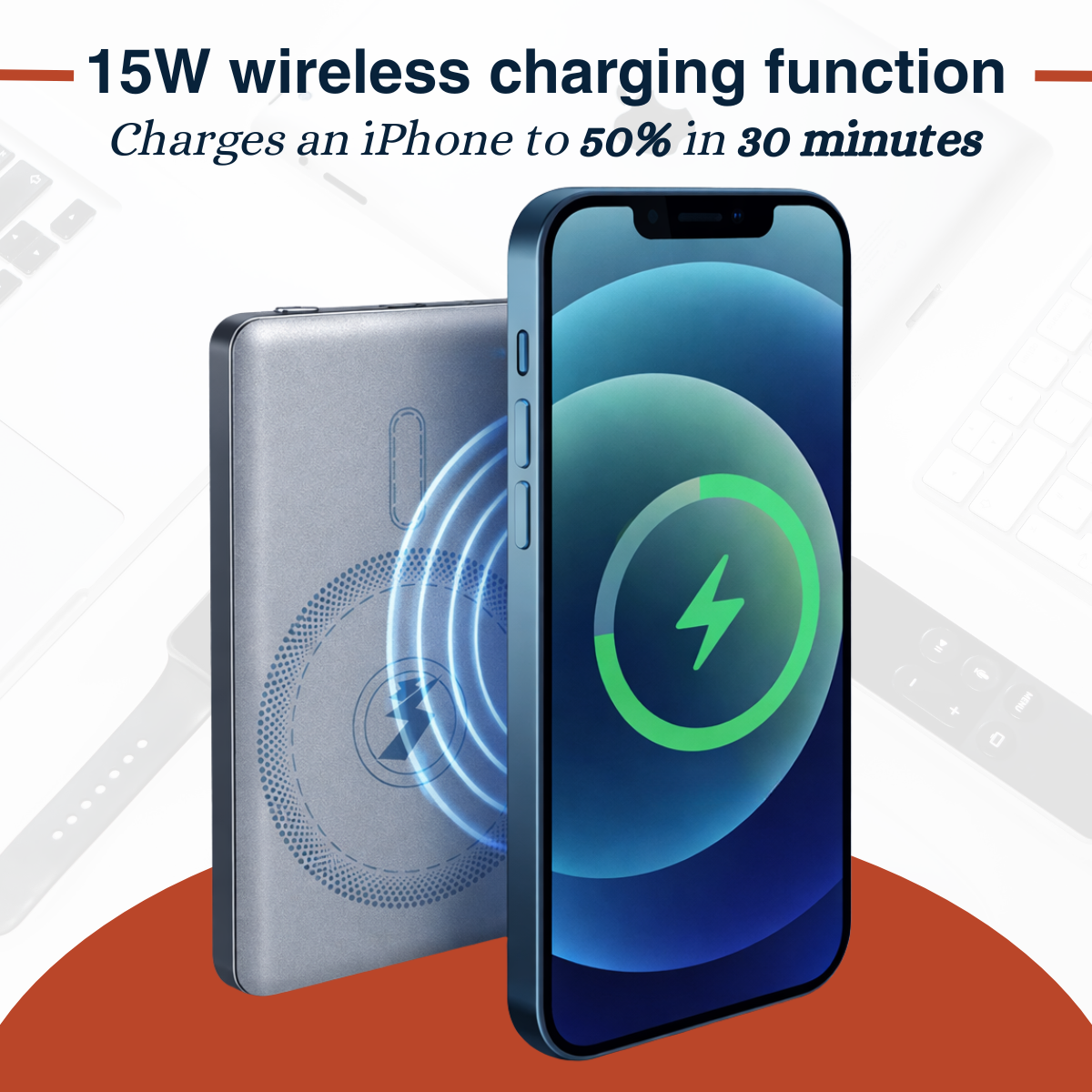 An iPhone wirelessly charges at 15W, shown with a lightning bolt icon.
