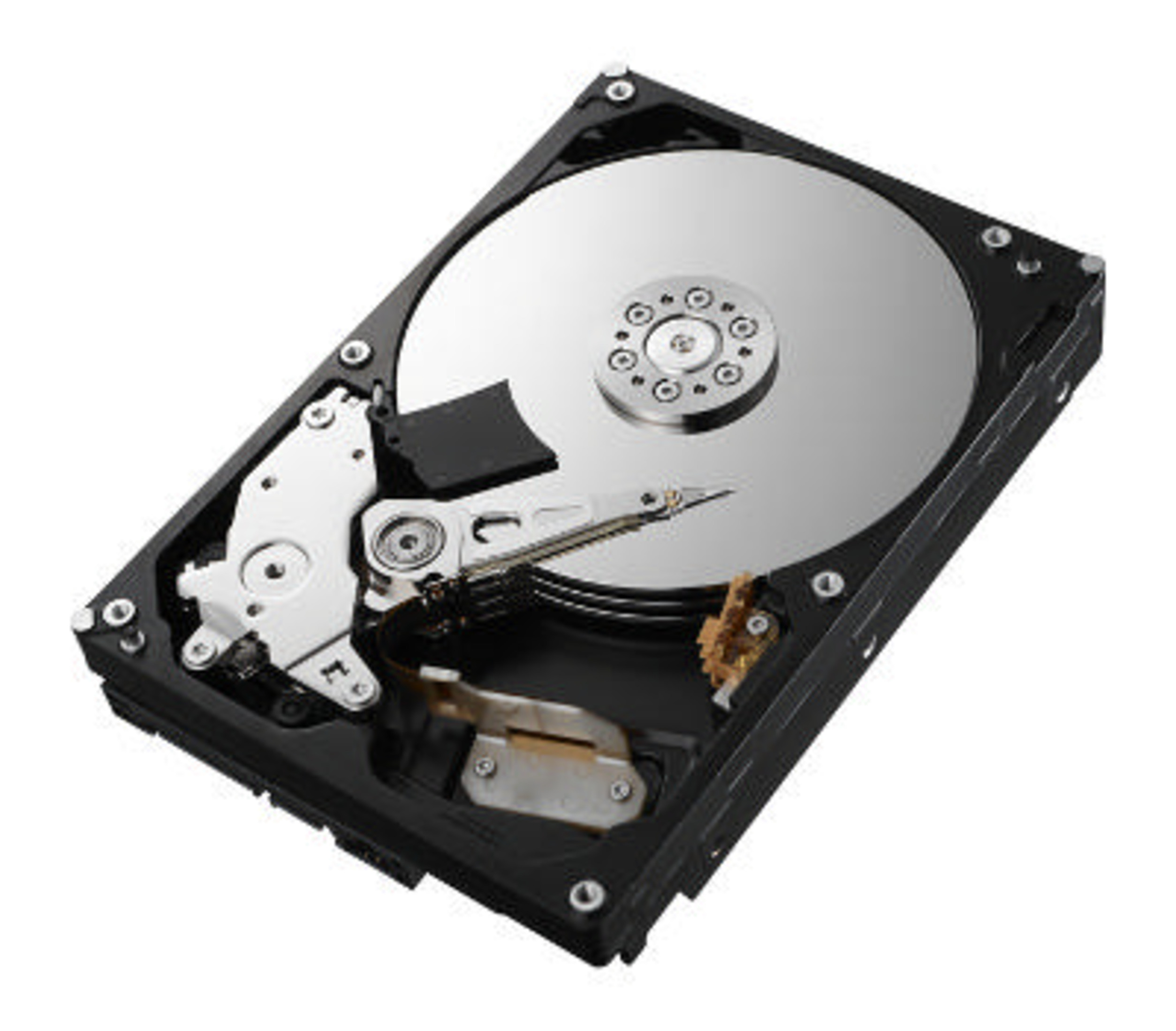 Un hard disk drive aperto con piatto d'argento e testina di lettura/scrittura.