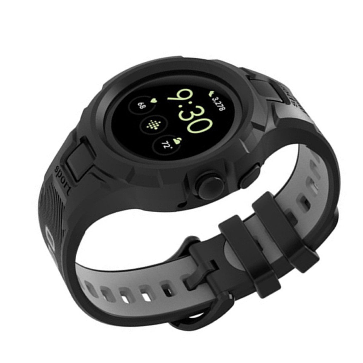 Uno smartwatch nero con display rotondo che mostra le 9:30.