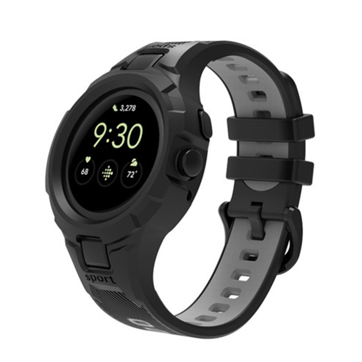 Smartwatch nero con cinturino grigio mostra le 9:30 e dati fitness.