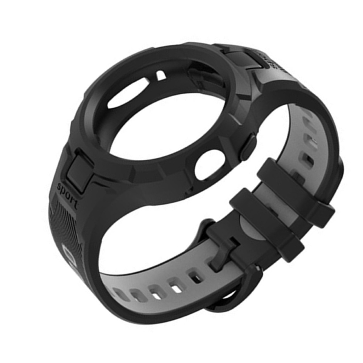 Cinturino nero con inserti e fibbie grigie, per un orologio sportivo.