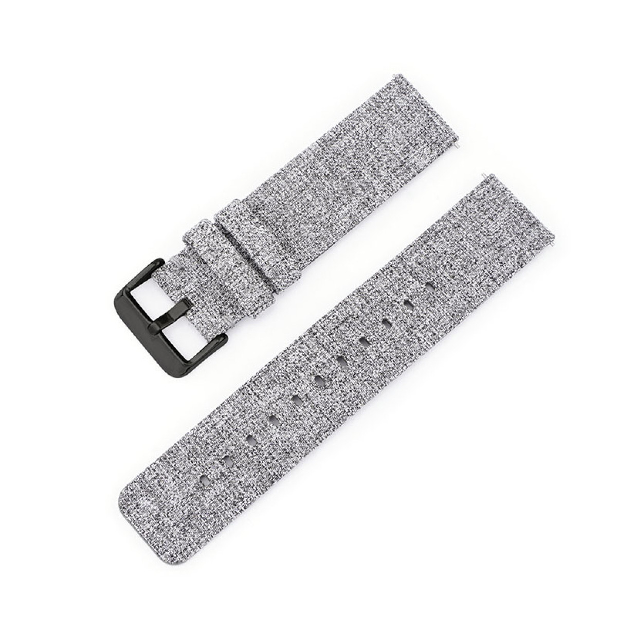 Un cinturino d'orologio grigio screziato con fibbia nera su sfondo bianco.