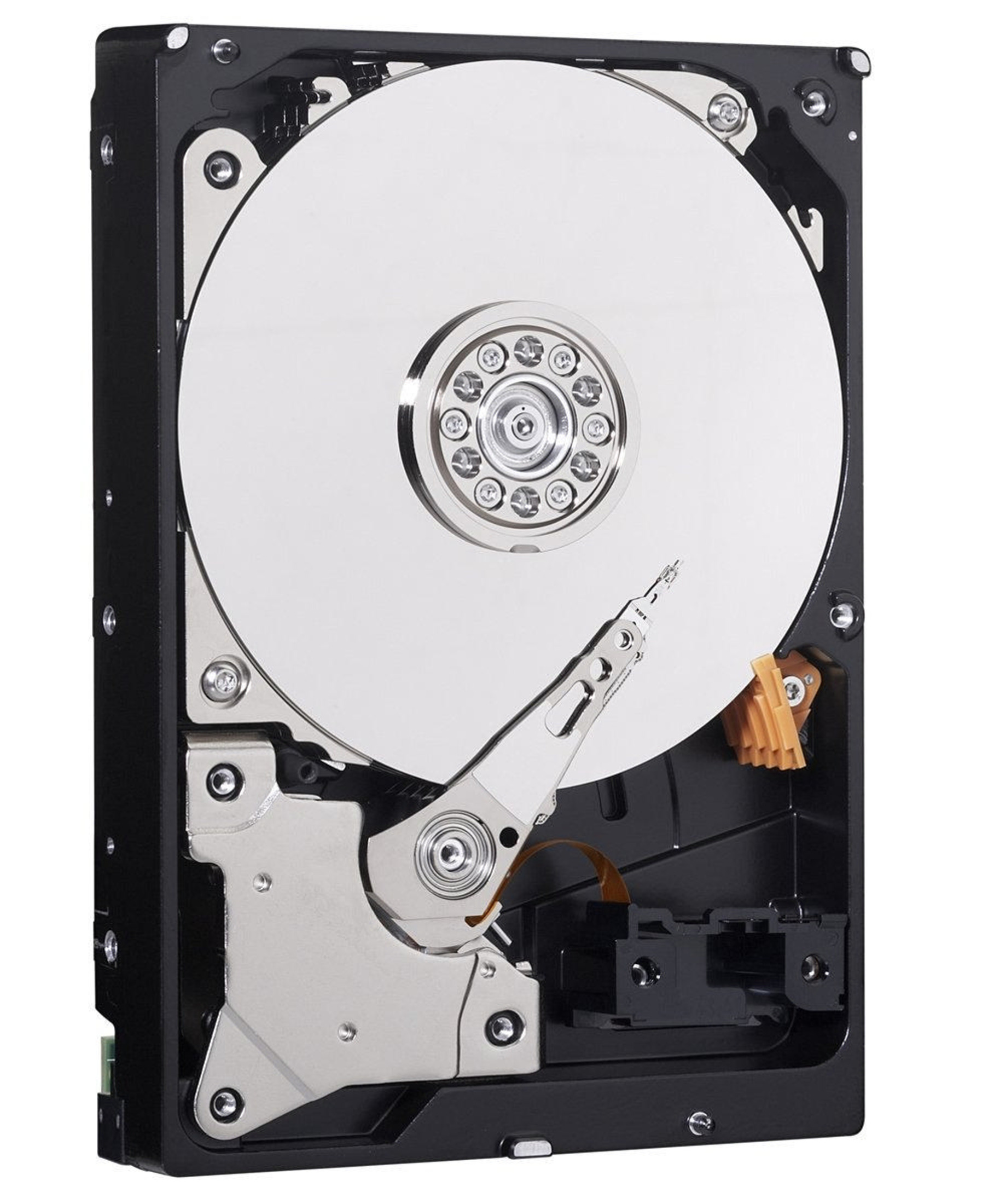 Un hard disk drive aperto che mostra piatti argentati e una testina di lettura/scrittura.