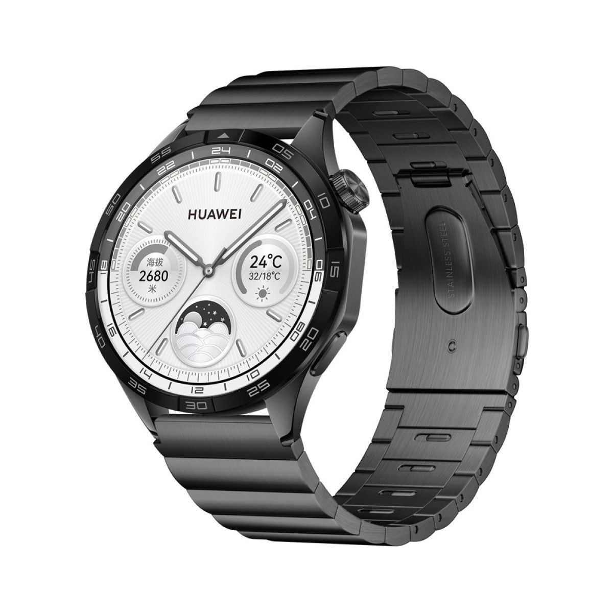 Uno smartwatch Huawei scuro con quadrante argentato e cinturino in metallo.