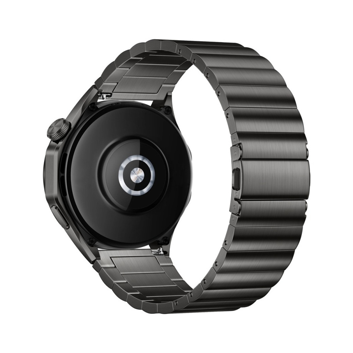 Vista posteriore di uno smartwatch scuro con cinturino in metallo, su sfondo bianco.