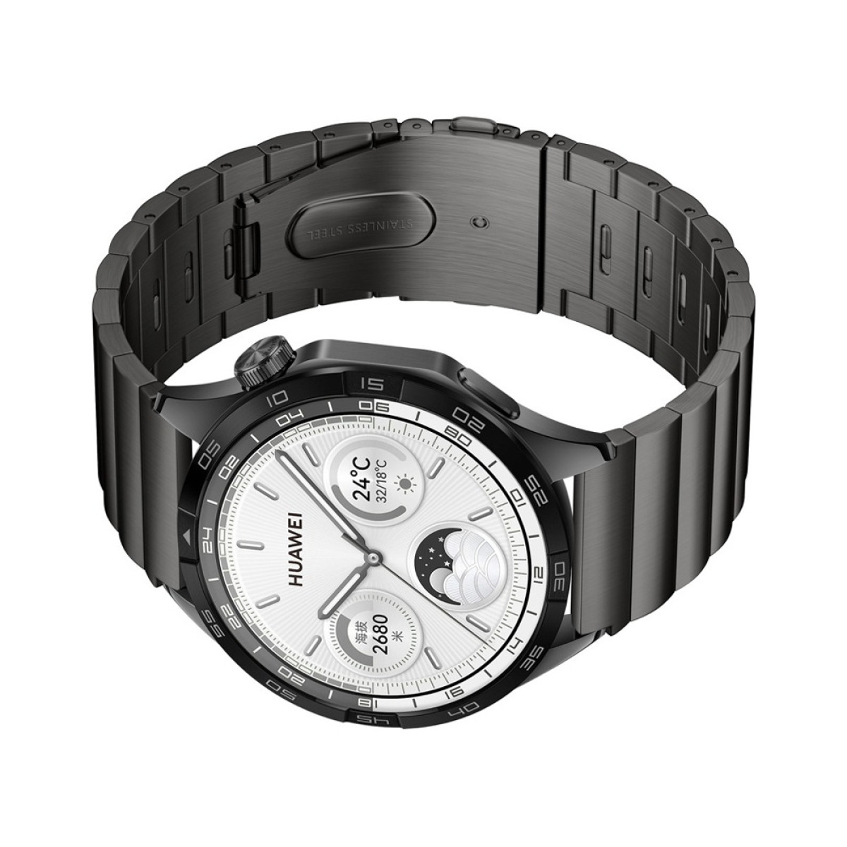 Uno smartwatch grigio con cinturino in metallo e quadrante bianco che mostra ora e meteo.