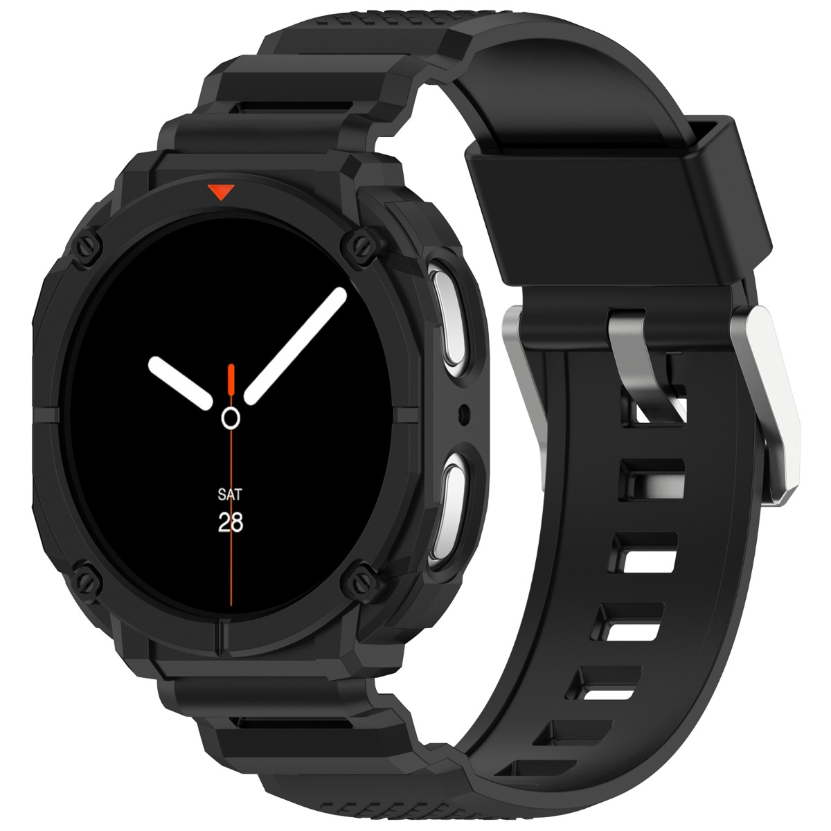 Orologio smart nero con quadrante rotondo e cinturino nero.