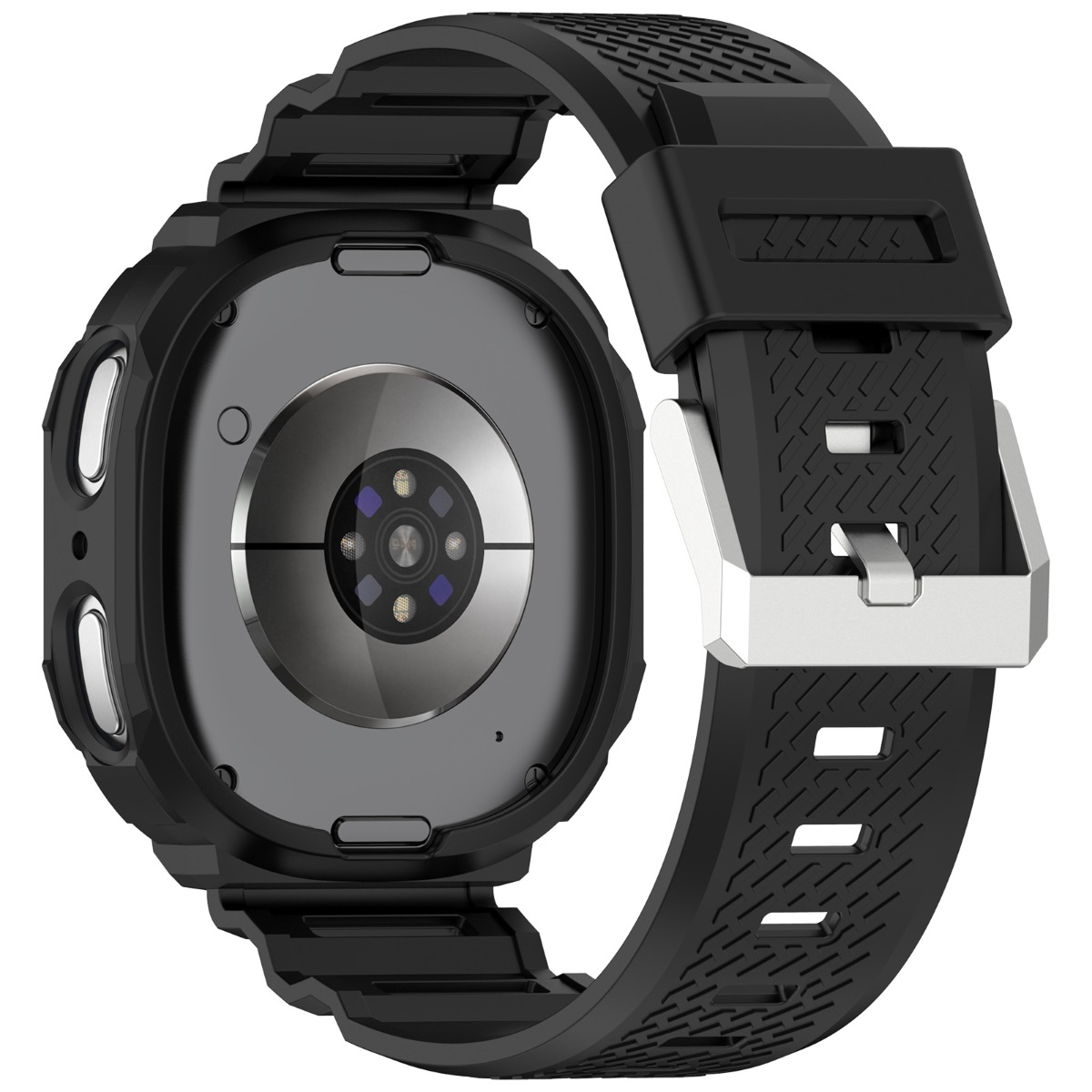Retro di uno smartwatch nero con sensore di frequenza cardiaca e fibbia metallica.