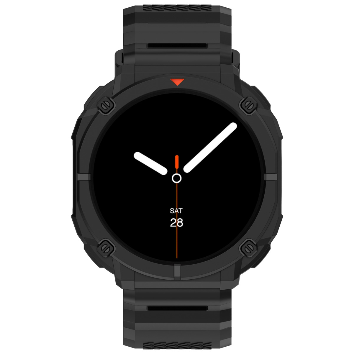 Smartwatch nero con quadrante nero e lancette bianche.