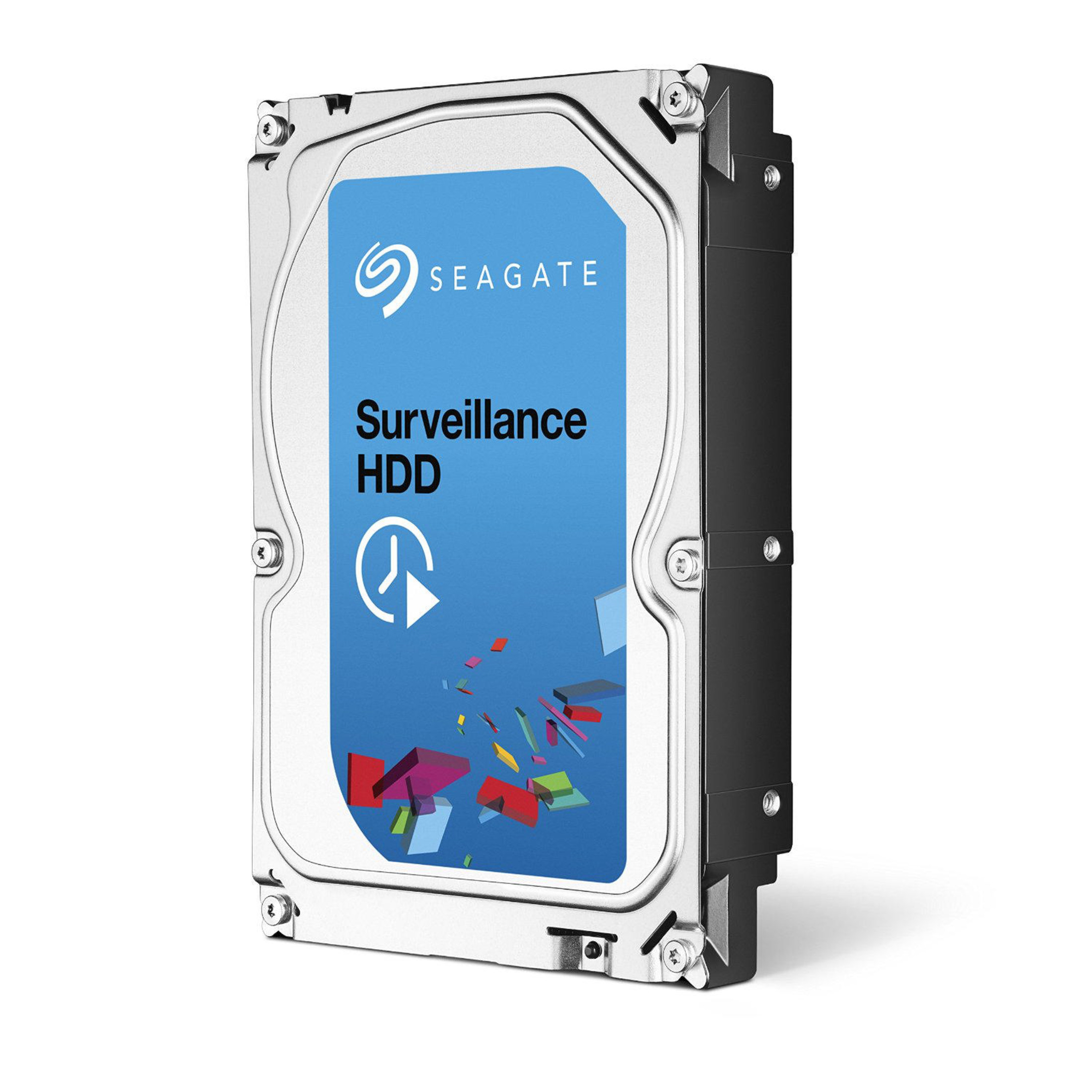 Un HDD Seagate Surveillance con carcasa plateada y etiqueta azul.