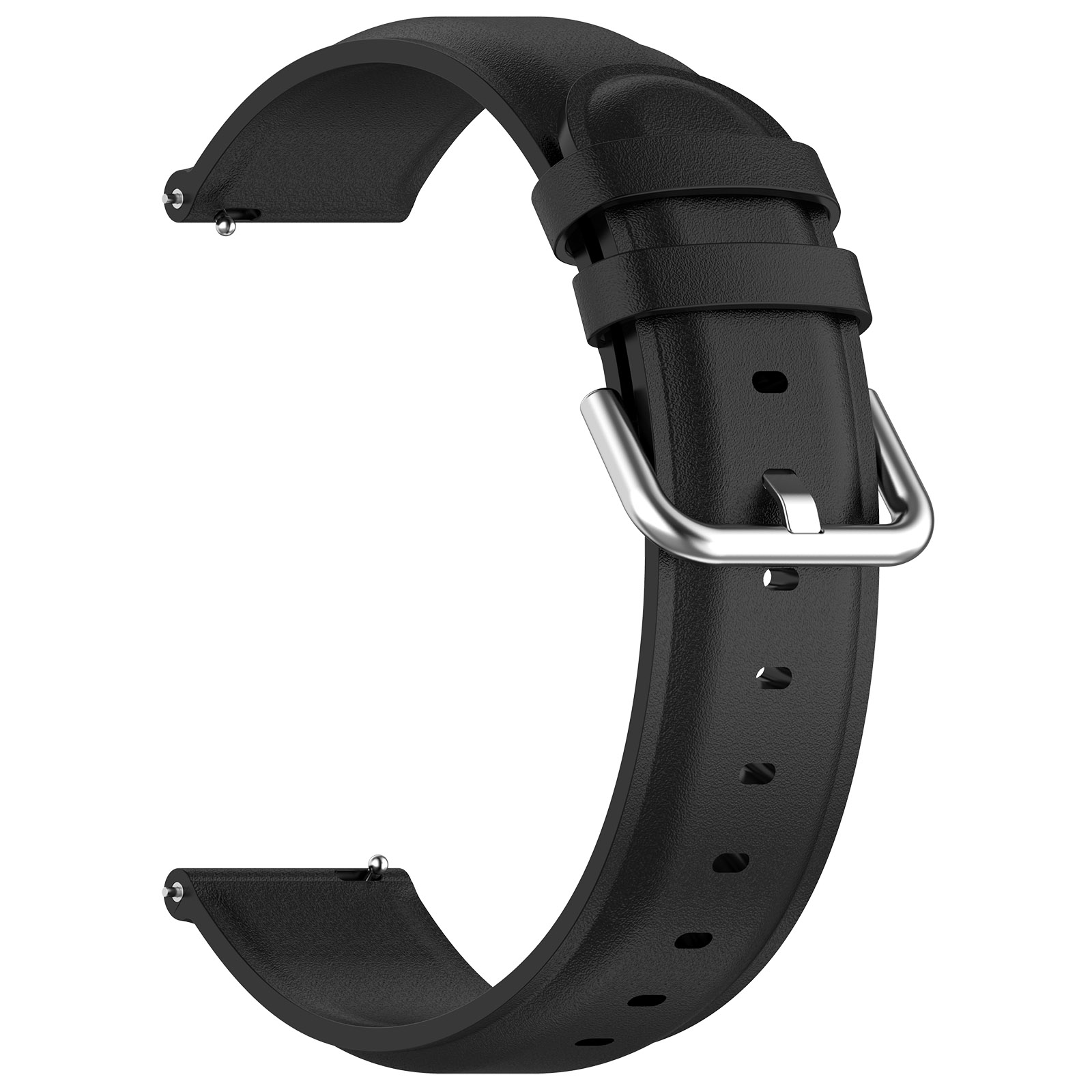 Schwarzes Lederarmband mit Metallschnalle, auf weißem Hintergrund.
