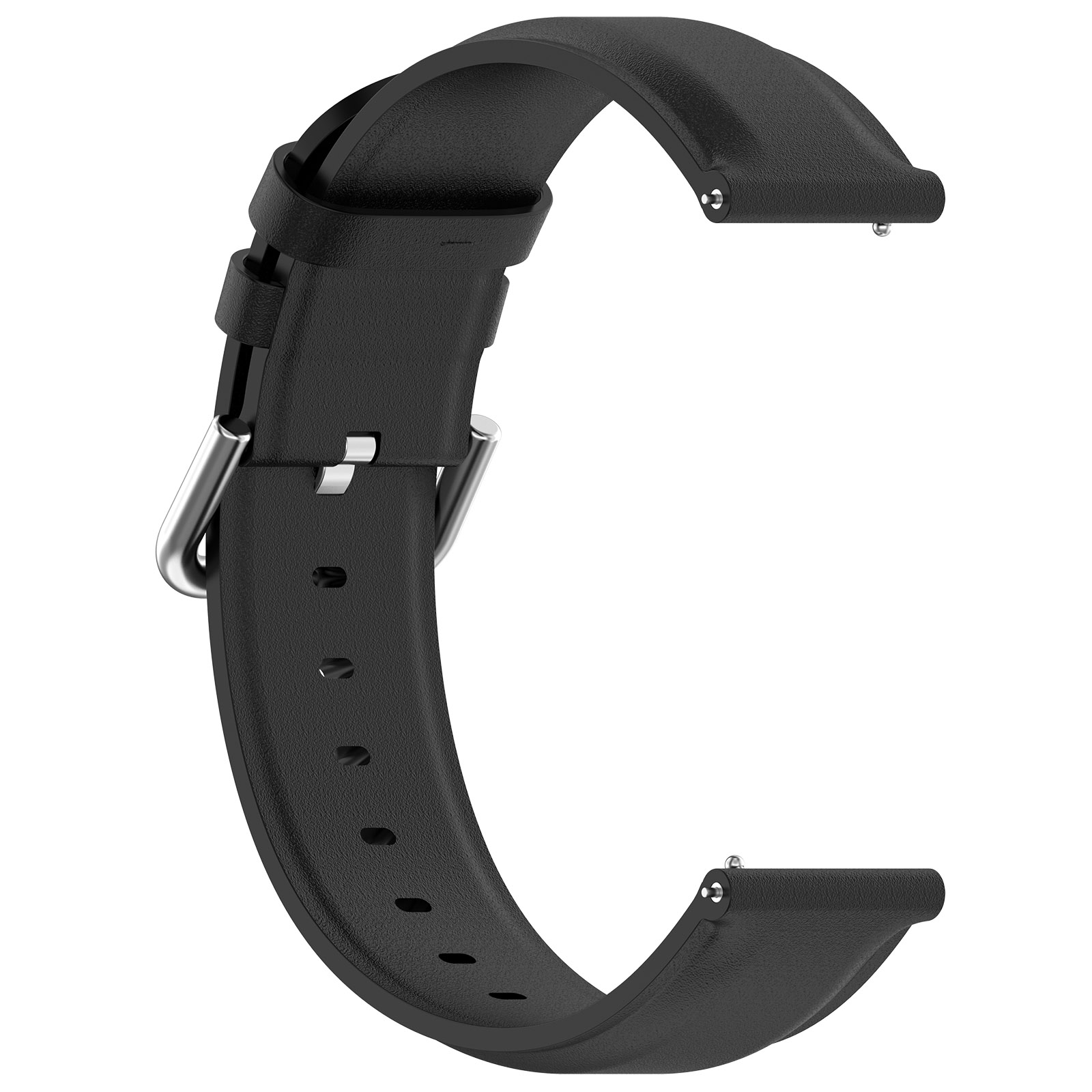 Ein schwarzes Lederuhrenarmband mit silberner Schnalle und Stiften.