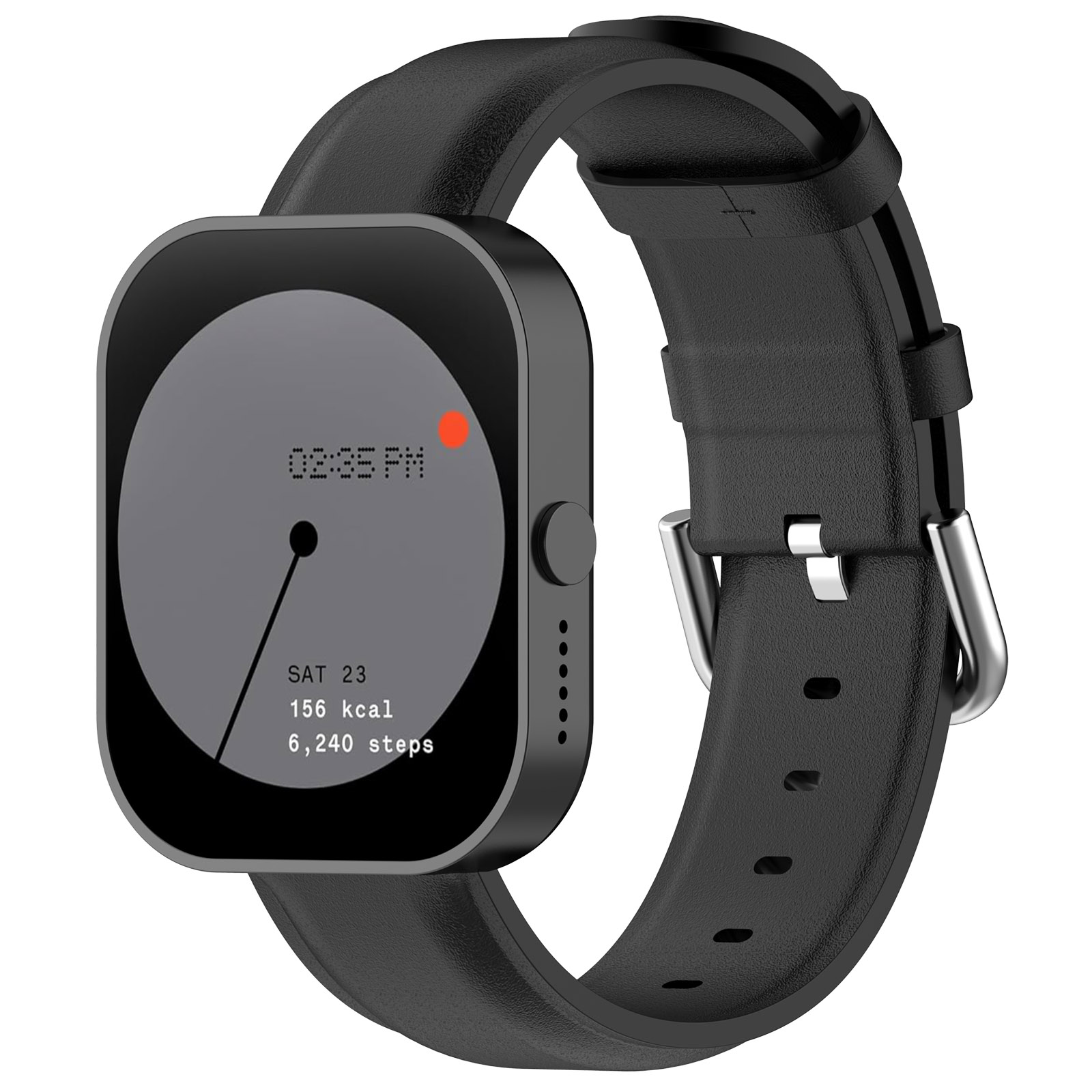 Eine schwarze Smartwatch mit Lederarmband und digitaler Anzeige zeigt Zeit, Datum, Kalorien und Schritte an.