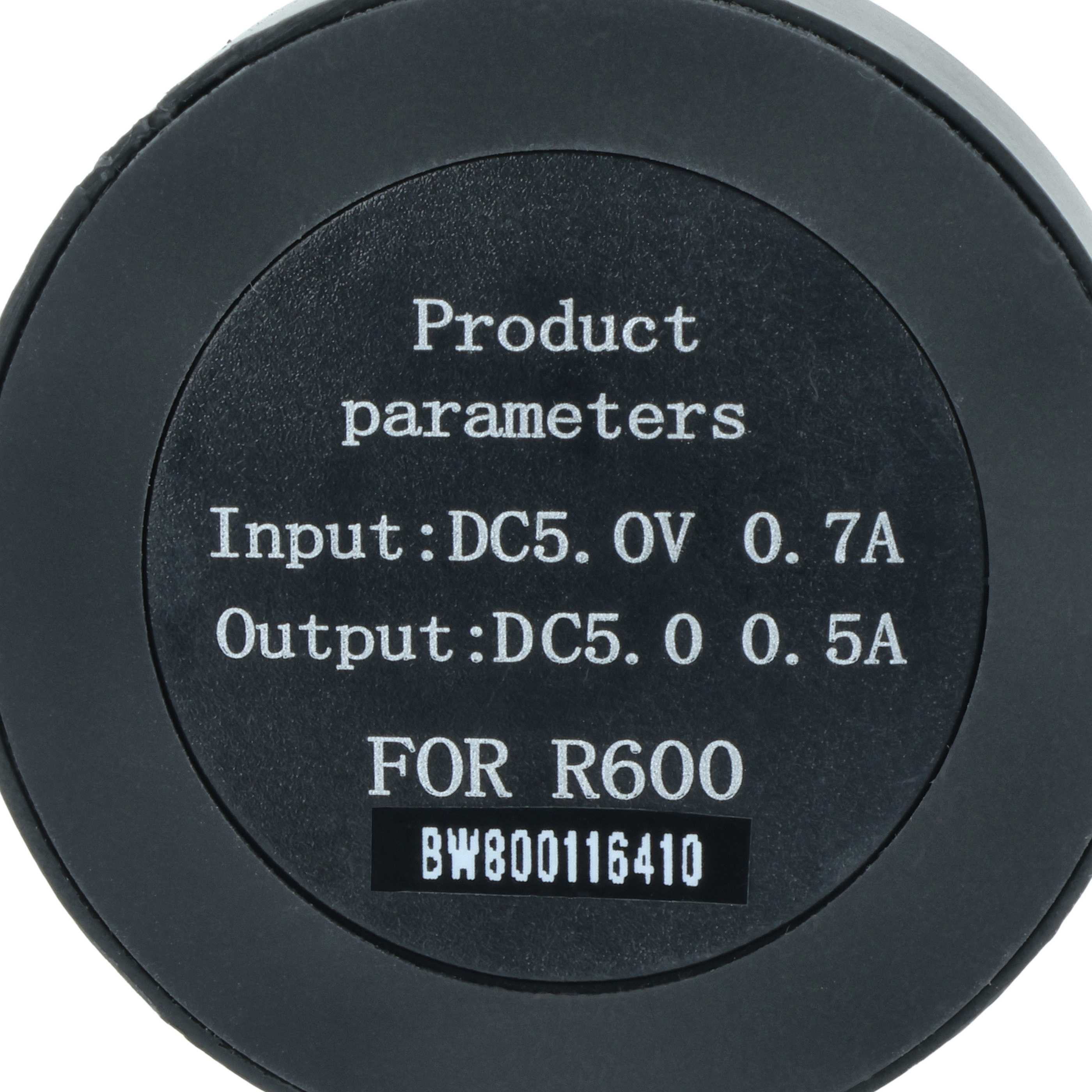 Schwarzer Kreis mit Produktparametern: Input DC5V 0.7A, Output DC5V 0.5A, für R600.
