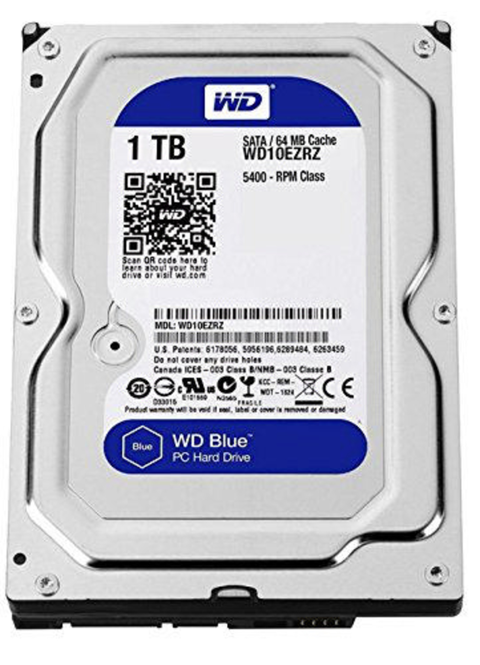 Eine 1 TB WD Blue PC-Festplatte mit silbernem Gehäuse und blauem Etikett.