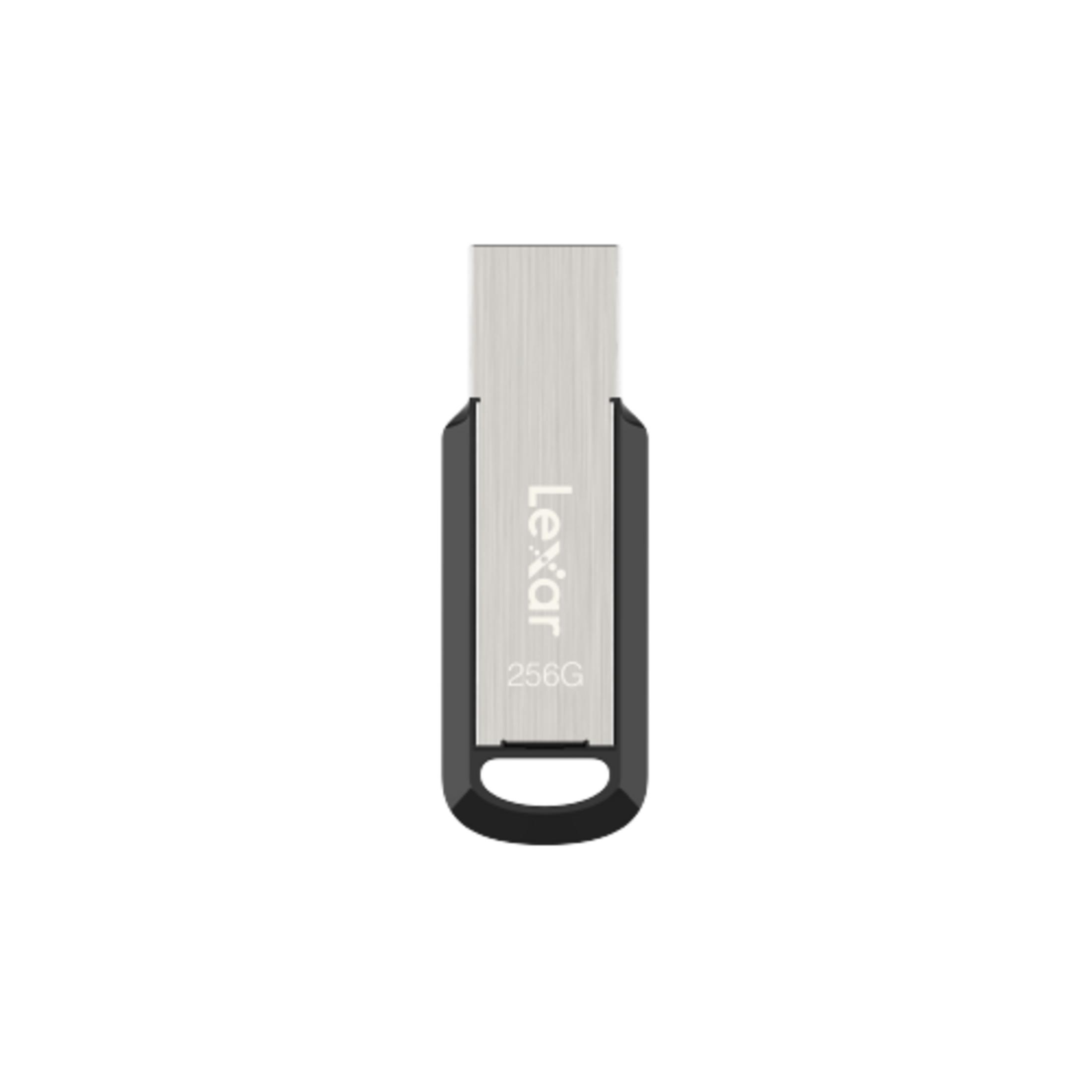 Chiavetta USB argento con custodia nera, etichettata "Lexar 256G".