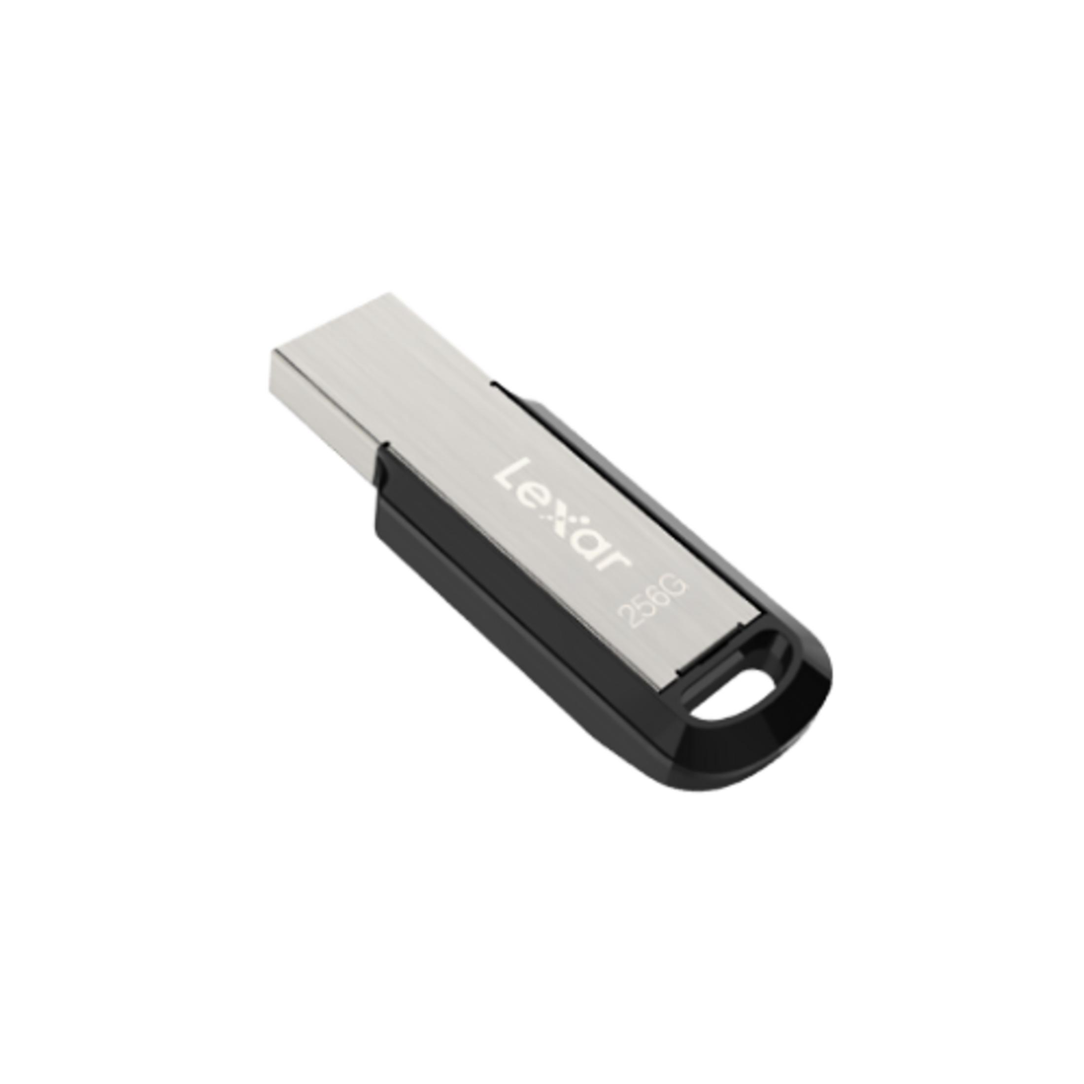 Chiavetta USB argentata con custodia nera, capacità 256G.