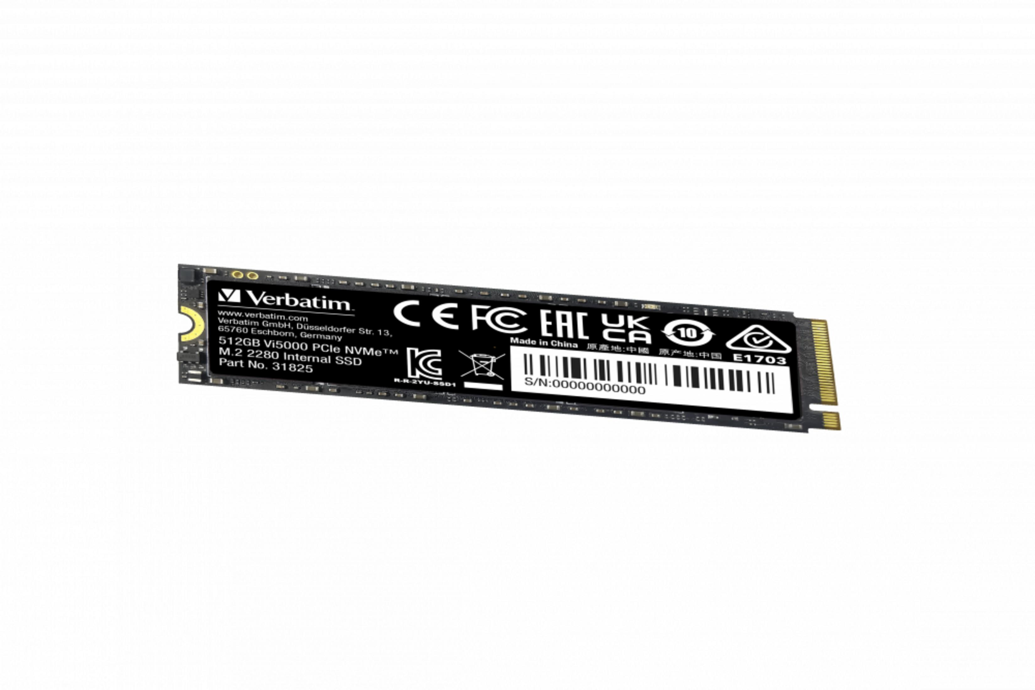 Un SSD Verbatim 512GB M.2 NVMe con marchi CE, FC, UKCA, EAC e 10.