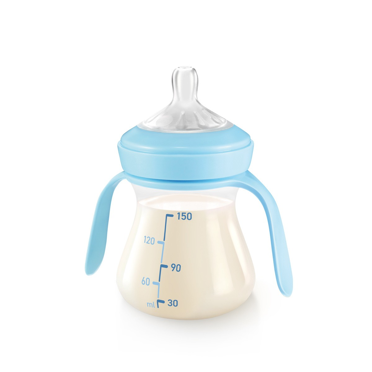 Eine blaue Babyflasche mit Griffen, gefüllt mit weißer Flüssigkeit.