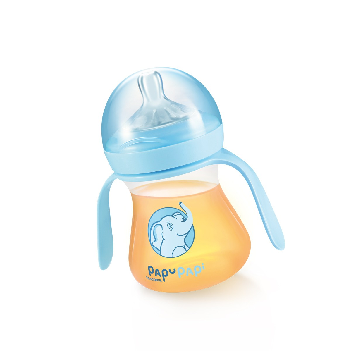 Eine blaue Babyflasche gefüllt mit orangefarbener Flüssigkeit, mit einem Elefantensymbol.