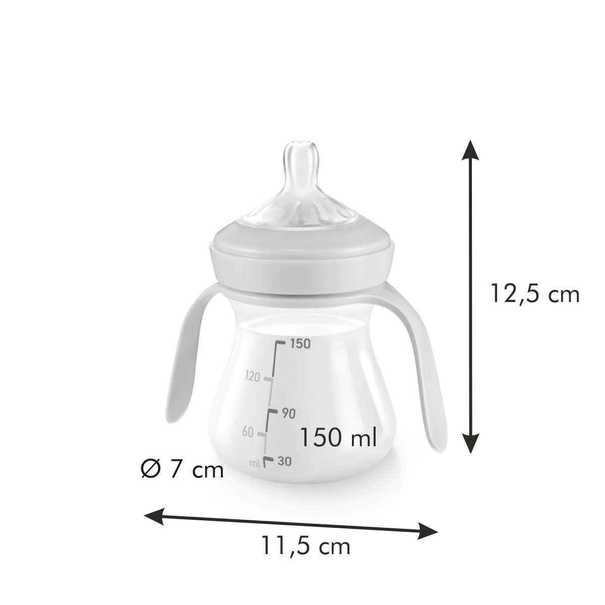Weiße Babyflasche mit Griffen, 150 ml Fassungsvermögen, Maße 11,5 x 12,5 cm.