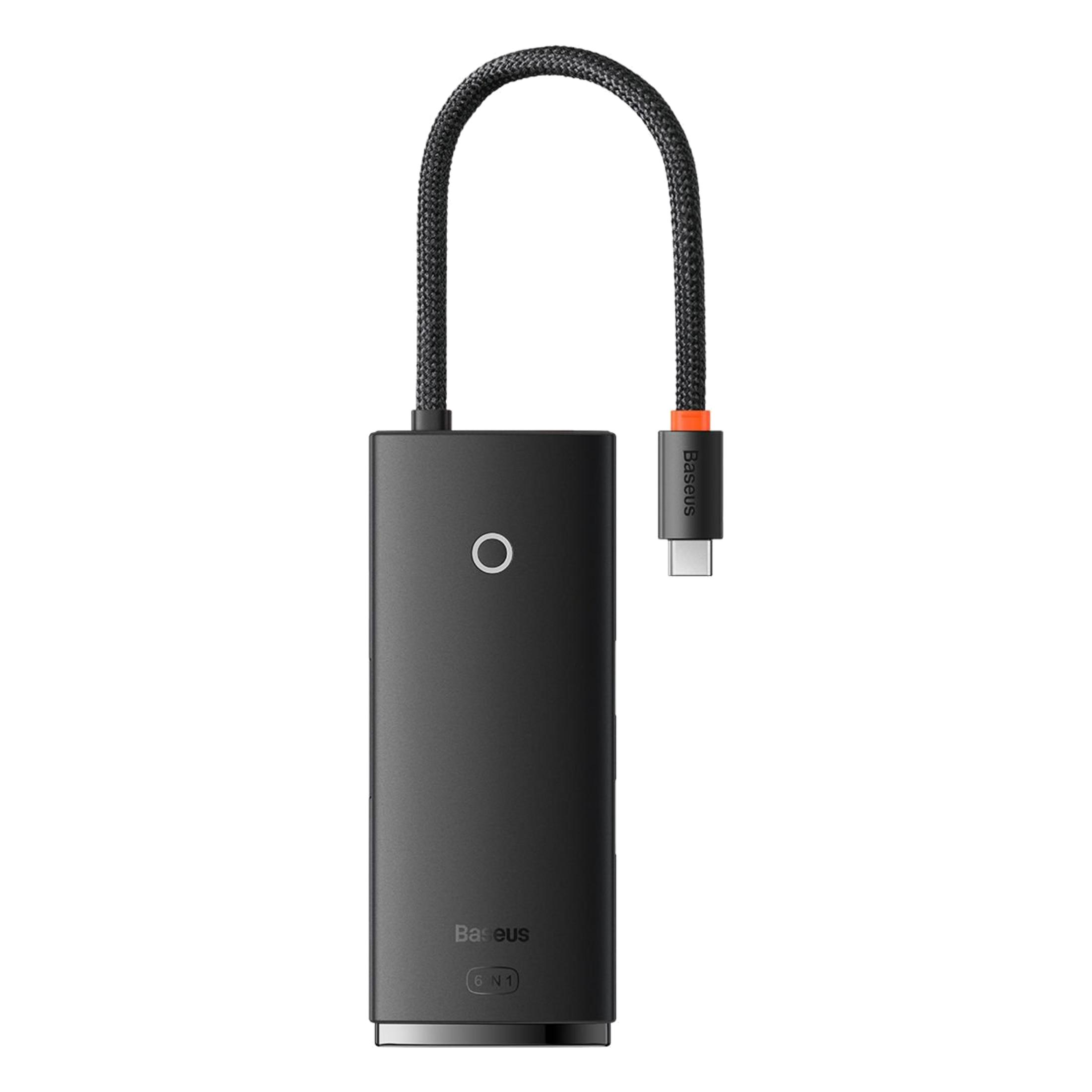 Un adattatore Baseus 6 in 1 nero con cavo USB-C e una luce ad anello.