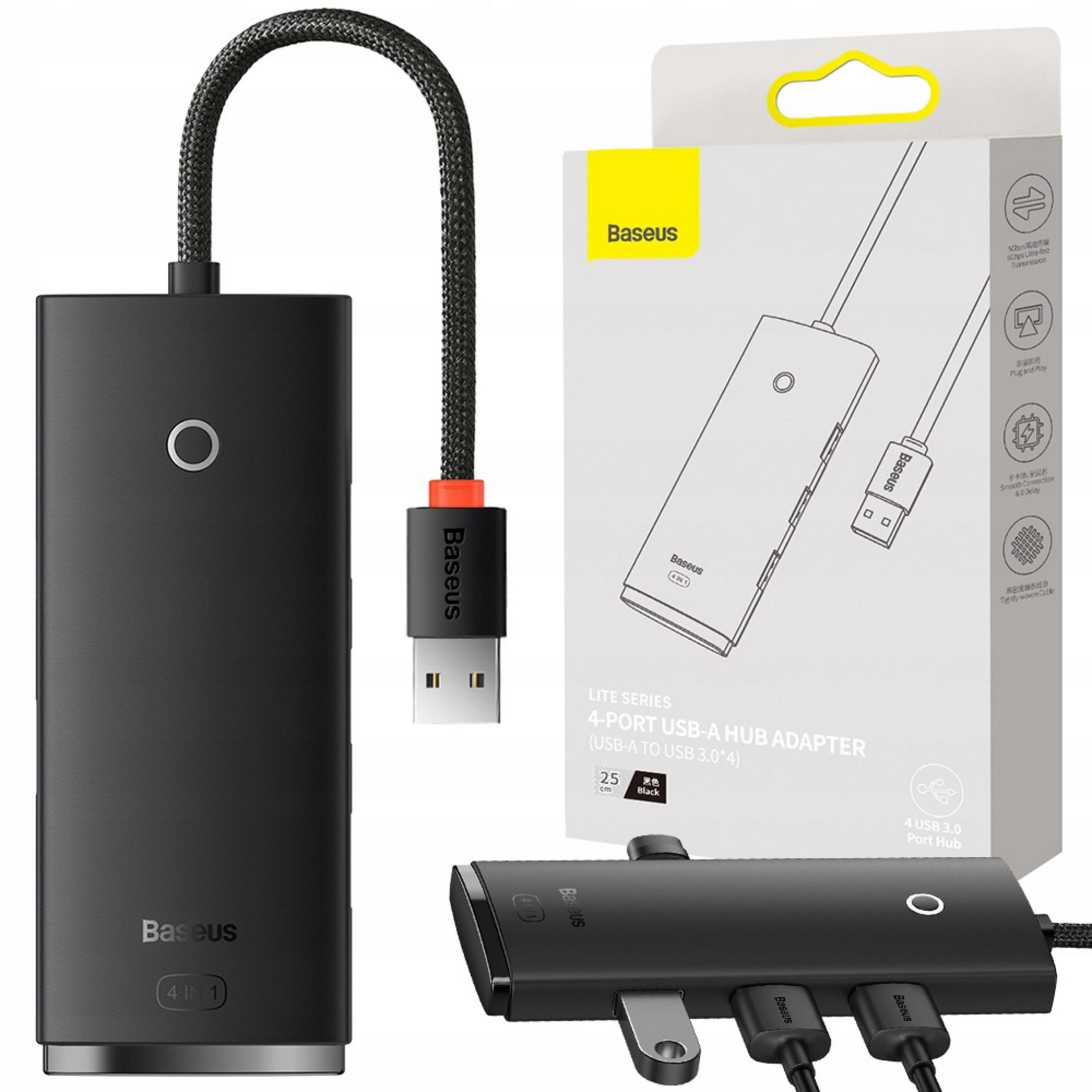 Czarny koncentrator USB Baseus 4-portowy z plecionym kablem obok opakowania.