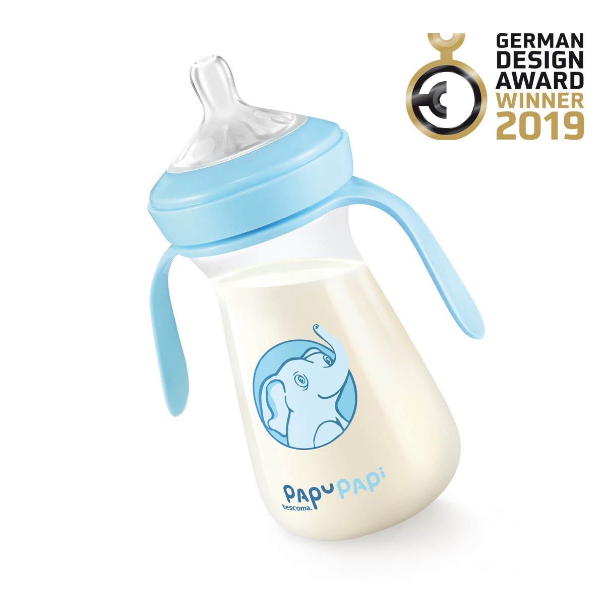 Blaue Babyflasche mit Milch, Elefantenmotiv und Griffen.