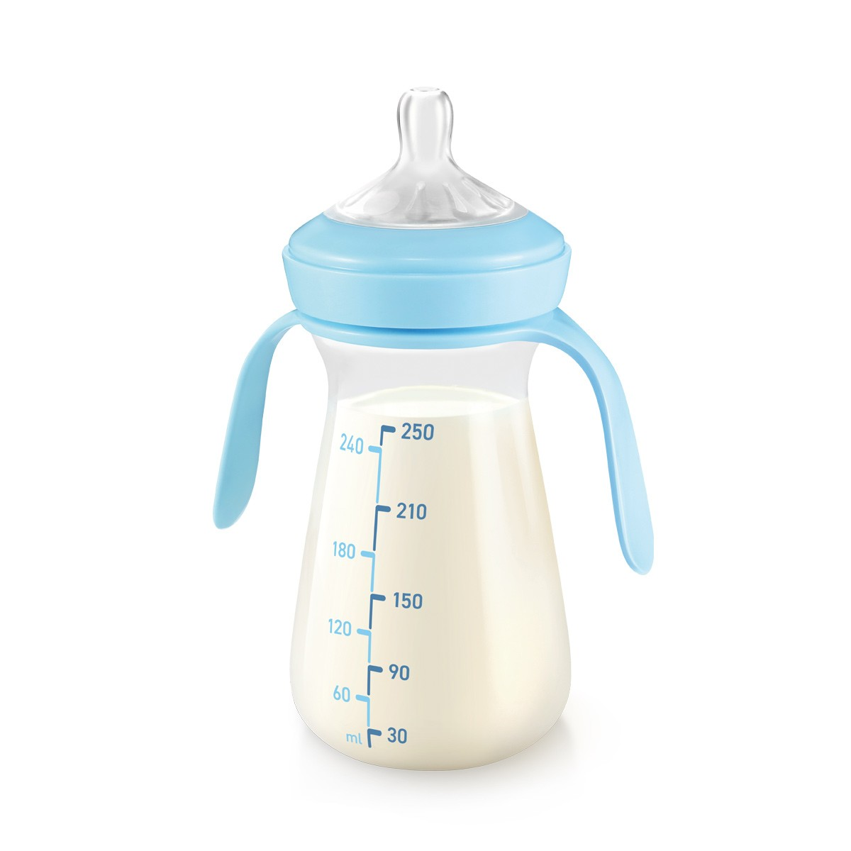 Blaue Babyflasche mit Griffen, gefüllt mit Milch, Messskala in ml.