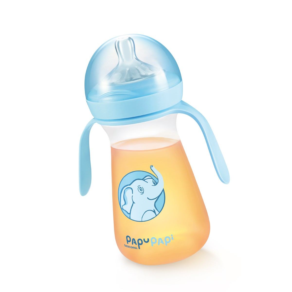 Eine blaue Babyflasche mit einem Elefantenmotiv und gelbem Inhalt.