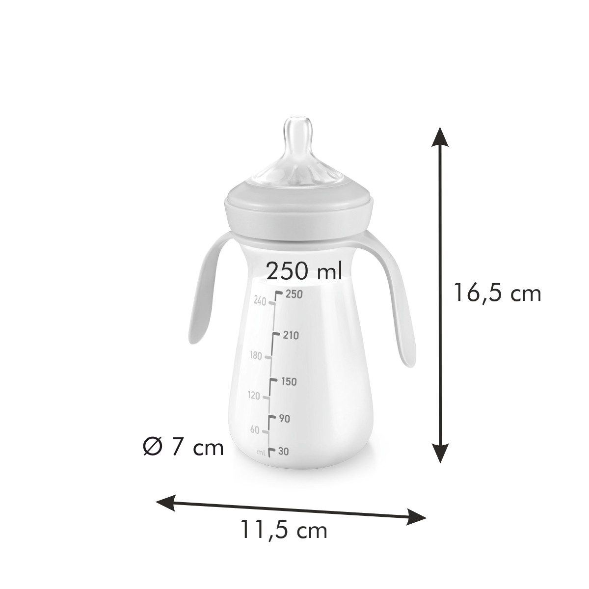 Weiße Babyflasche mit Griffen, 250ml. Maße: 16,5cm H, 7cm Ø, 11,5cm B.