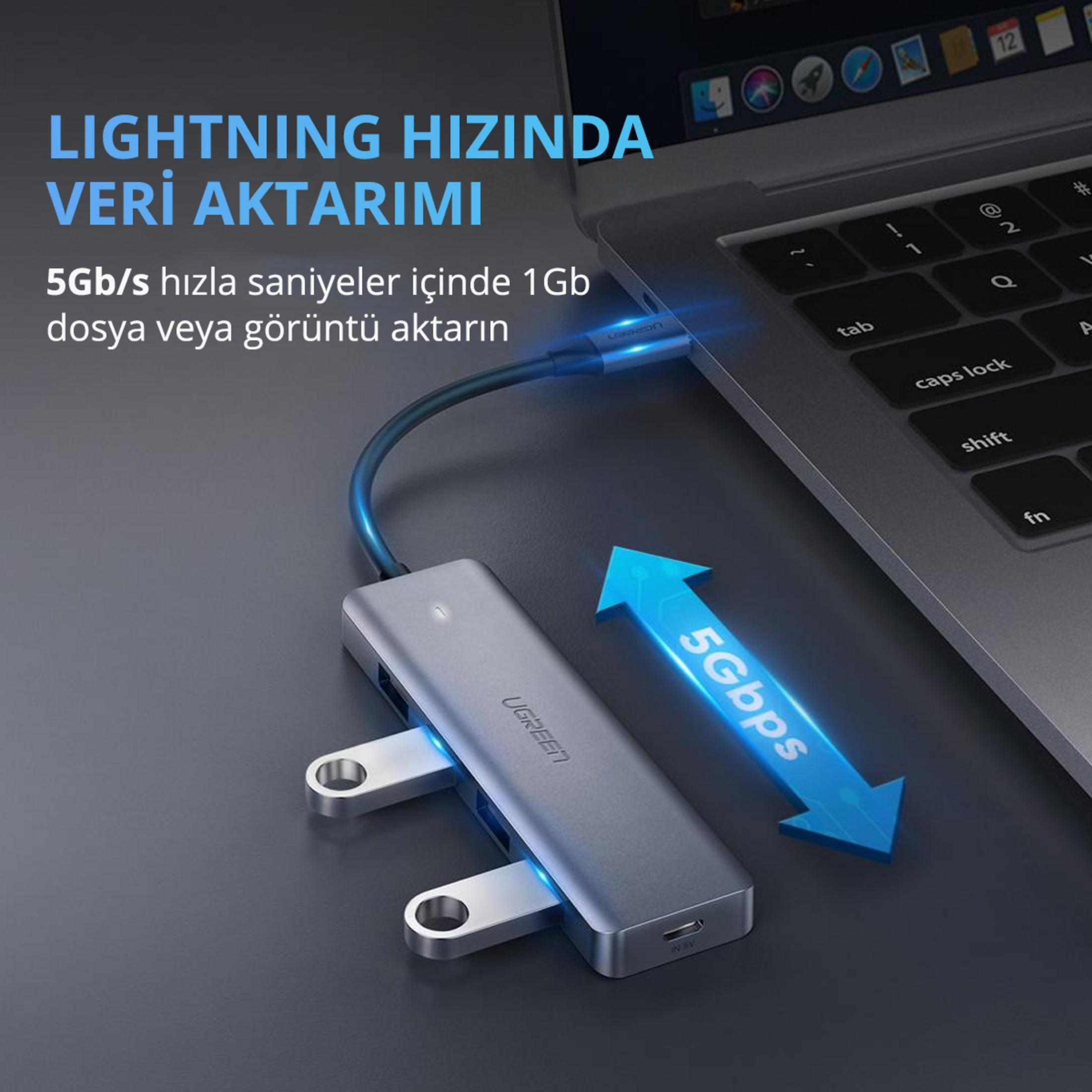 Hub USB-C podłączony do laptopa, wskazana prędkość 5 Gbps.