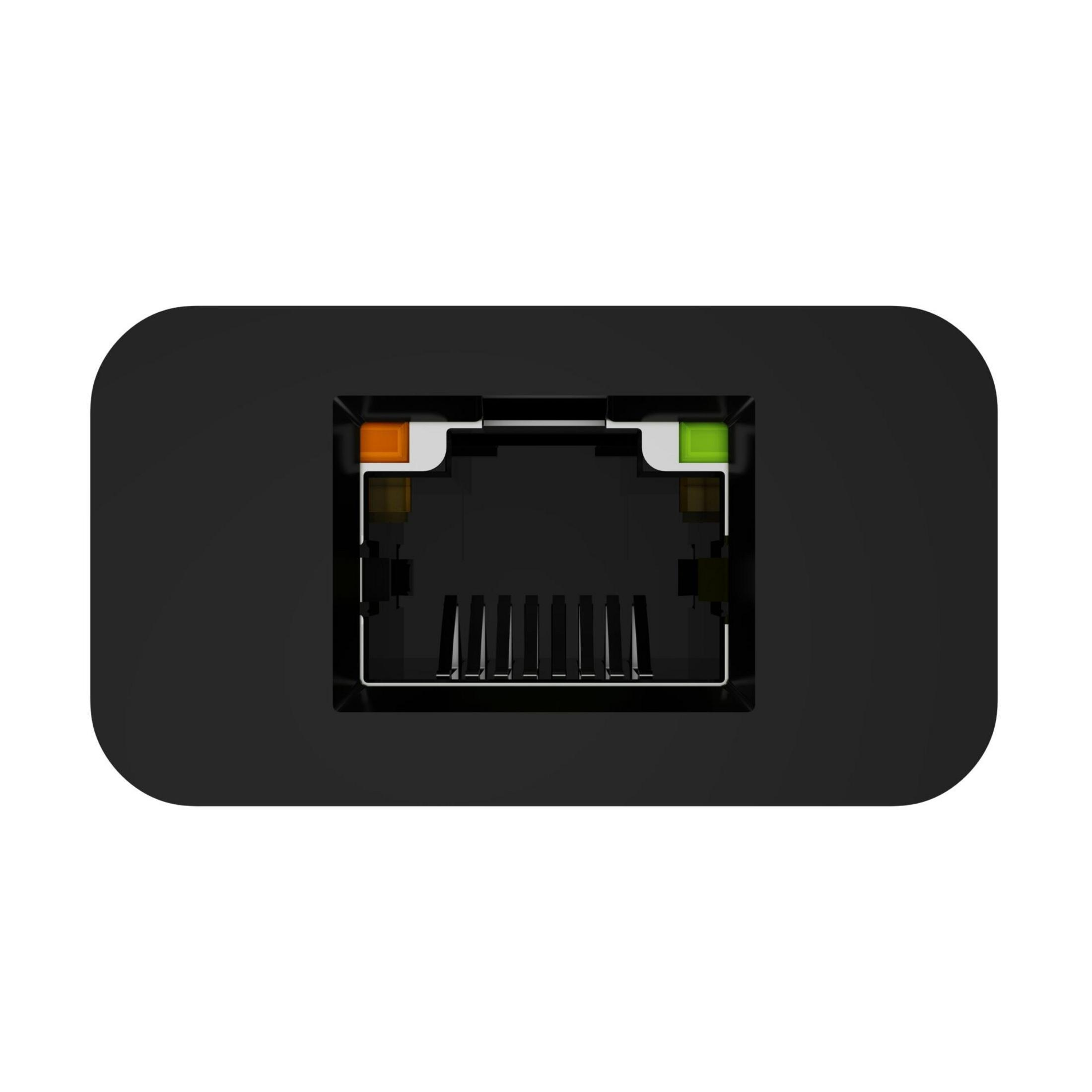 Primer plano de un puerto Ethernet negro con luces indicadoras naranjas y verdes.