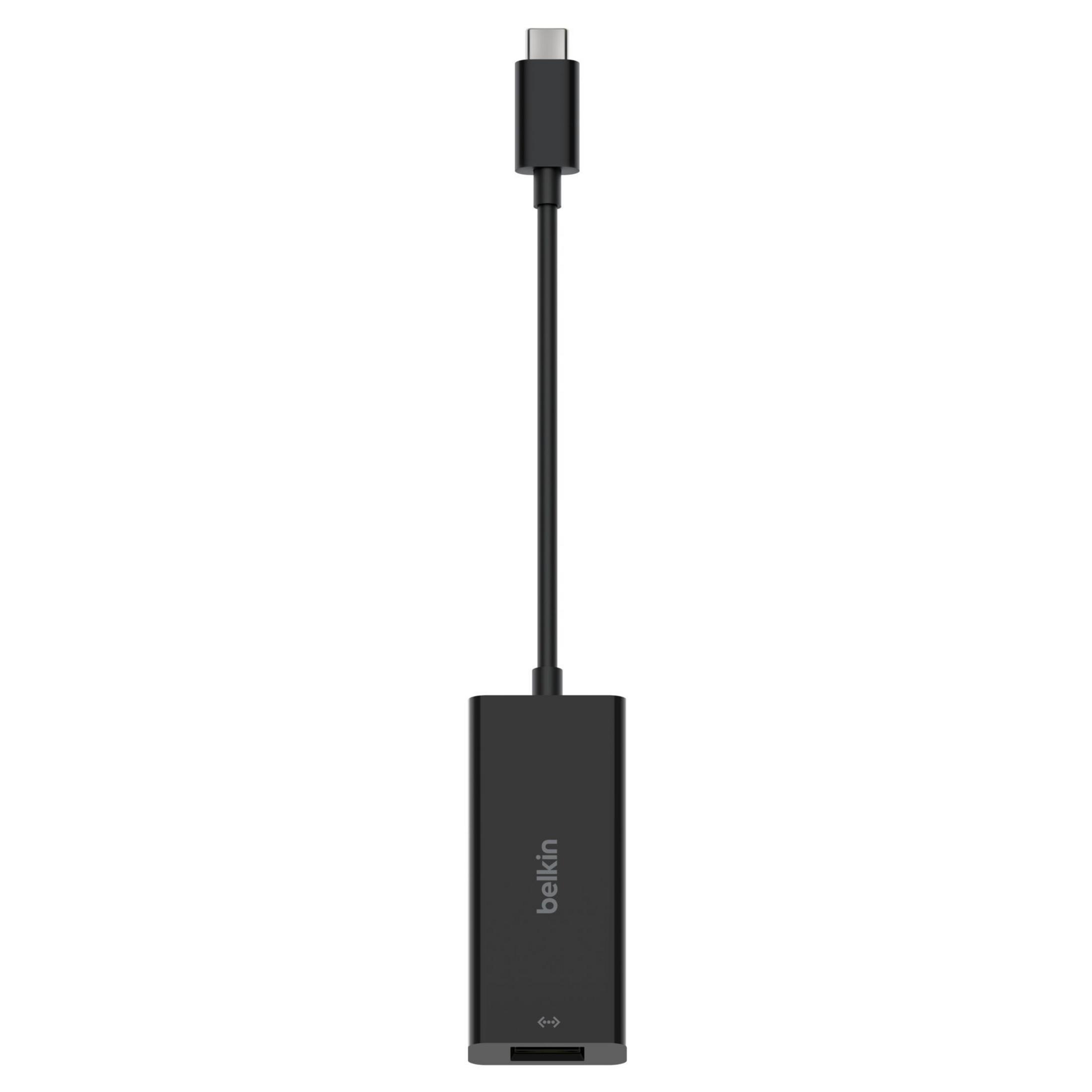 Adaptador Belkin negro con conector USB-C y un puerto.