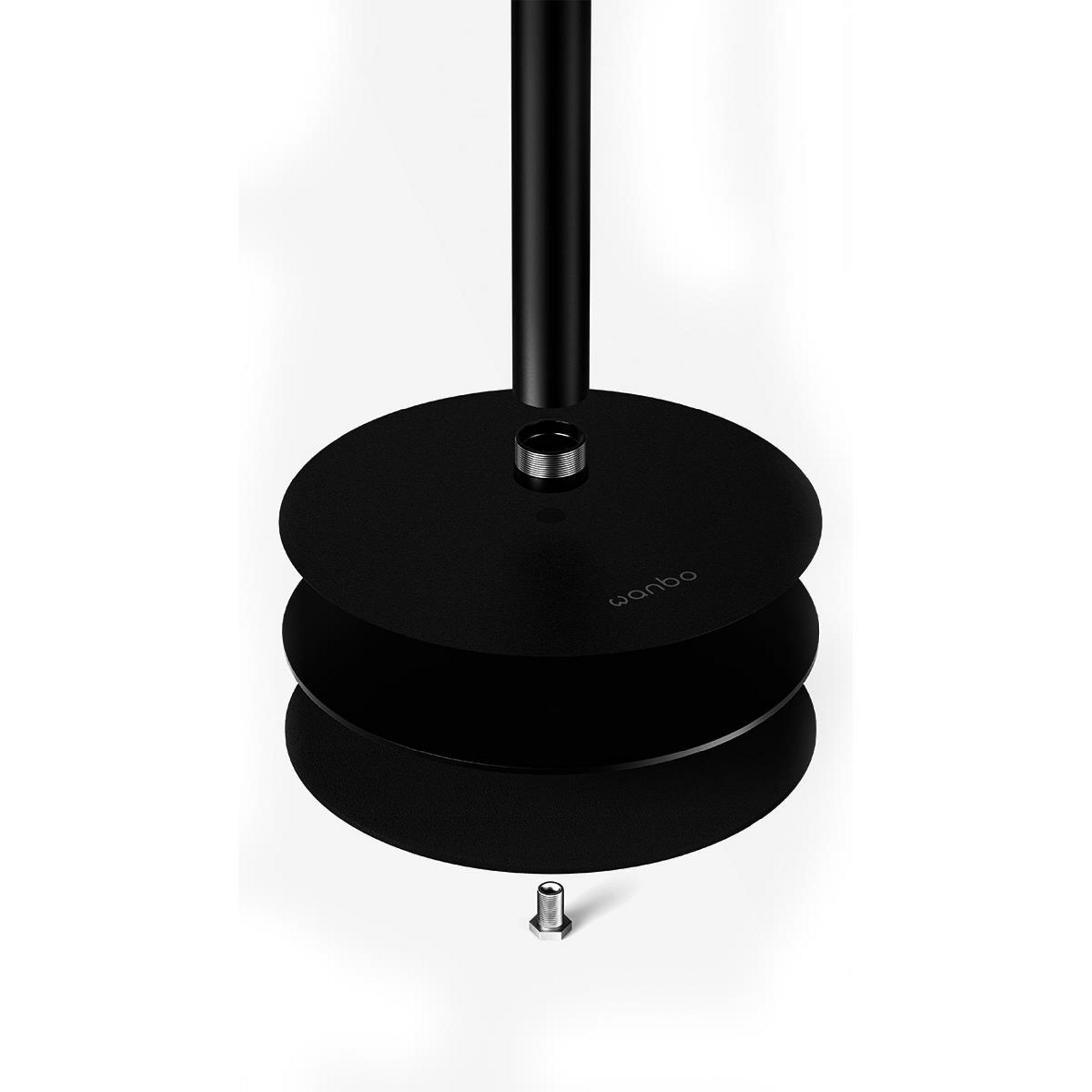 Czarny stojak z trzema okrągłymi półkami i śrubą.