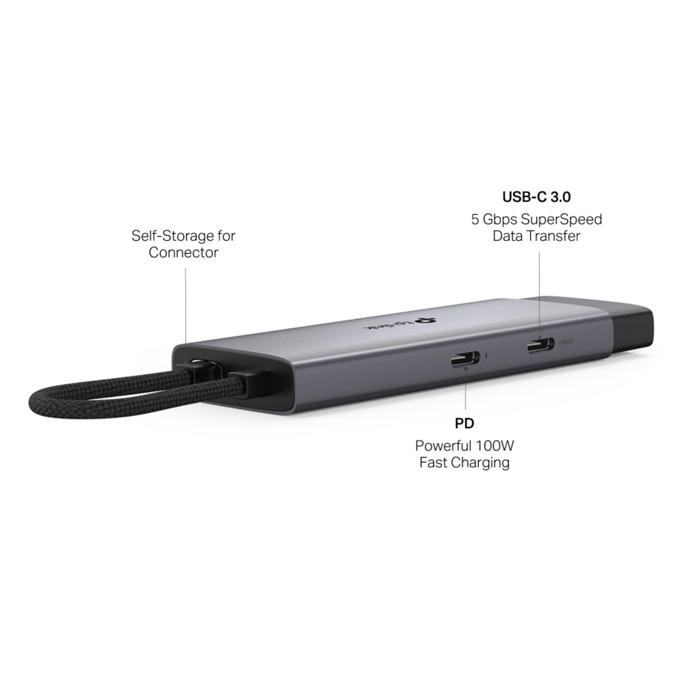Grauer USB-C-Hub mit Kabel und Anschlüssen, 100W PD, 5Gbps.